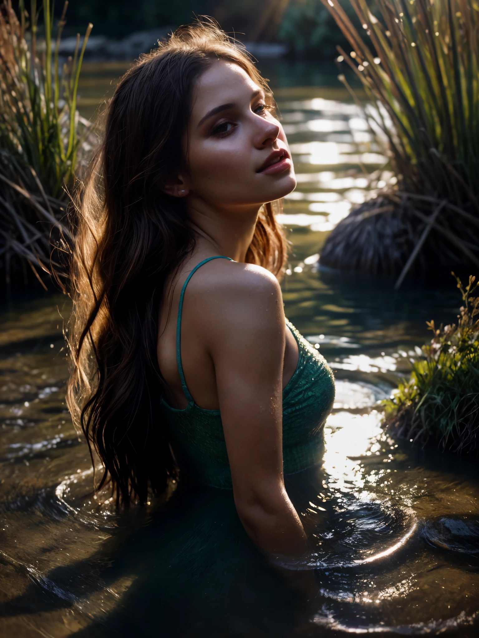 Beautiful Latina woman in full body, With a sensual body and wide hips, Wavy hair in the air, Swimming in the river, immersed in greenery, In the Golden Hour