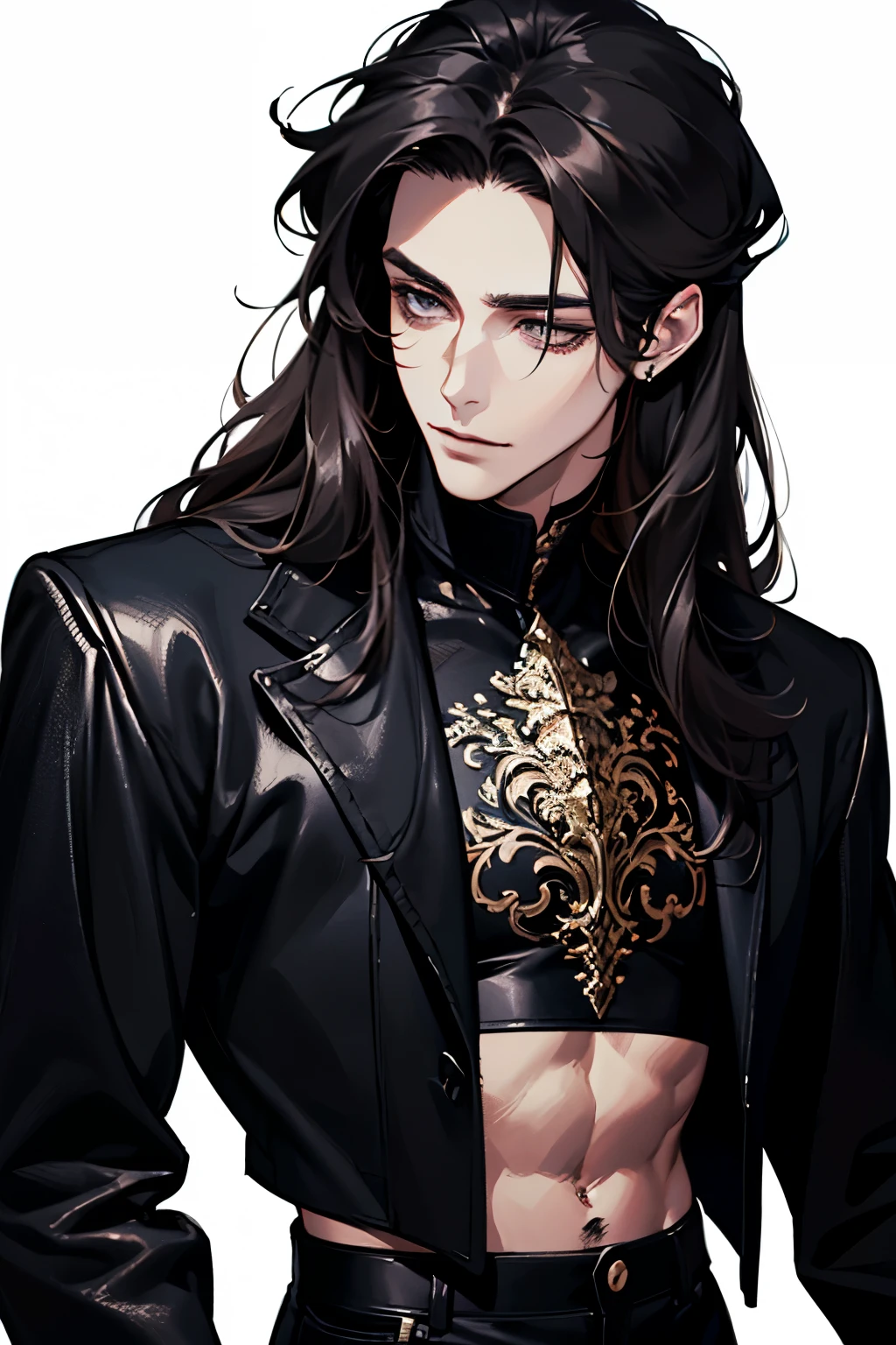(absurdres, highres, ultra detailed), 1 male, adult, handsome, tall muscular guy, broad shoulders, finely detailed eyes and detailed face, black very long hair, red eyes, handsome, fantasy, gothic, wolf ears, wolf tail, Sunlight, Fantastic light and shadow, Scenery, portrait, vampire fangs, open mouth, sexy, attractive, full body, tongle, no clothes, no shirt,, Dog Collar, bangs, cute face