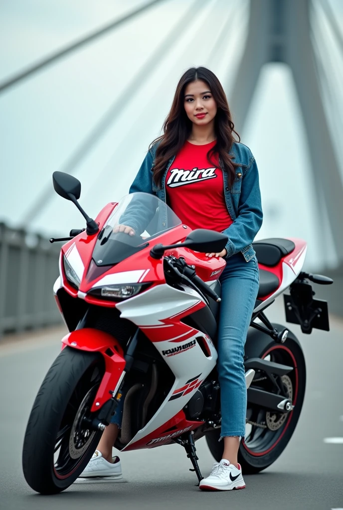 Beautiful Indonesian girl, smooth white skin,brown hijab (white t-shirt with Santi logo motif) (cropped pants with lots of pockets)brown color ,
brown boots black watch, white shoes, smiled faintly, posing sitting on a black and red Kawasaki Ninja ZX-25R motorbike , on the country road,very beautiful amazing ..The left and right sides of the road are lined with tulips in bloom in beautiful colors.. Under the clear blue sky,, mountain and waterfall background, original photo .realistic