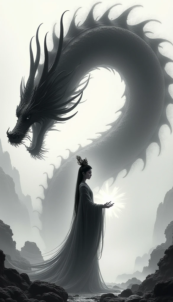 (best quality,8k,Very detailed,surreal:1.2),Chinese scenery,a huge golden dragon,Hands outstretched,Messy long hair,Glowing Effects,surreal,Chinese black and white ink style,brilho prata,Soft colors,Makeup is dirty,ink,Very detailed,high resolution,Physically Based Rendering