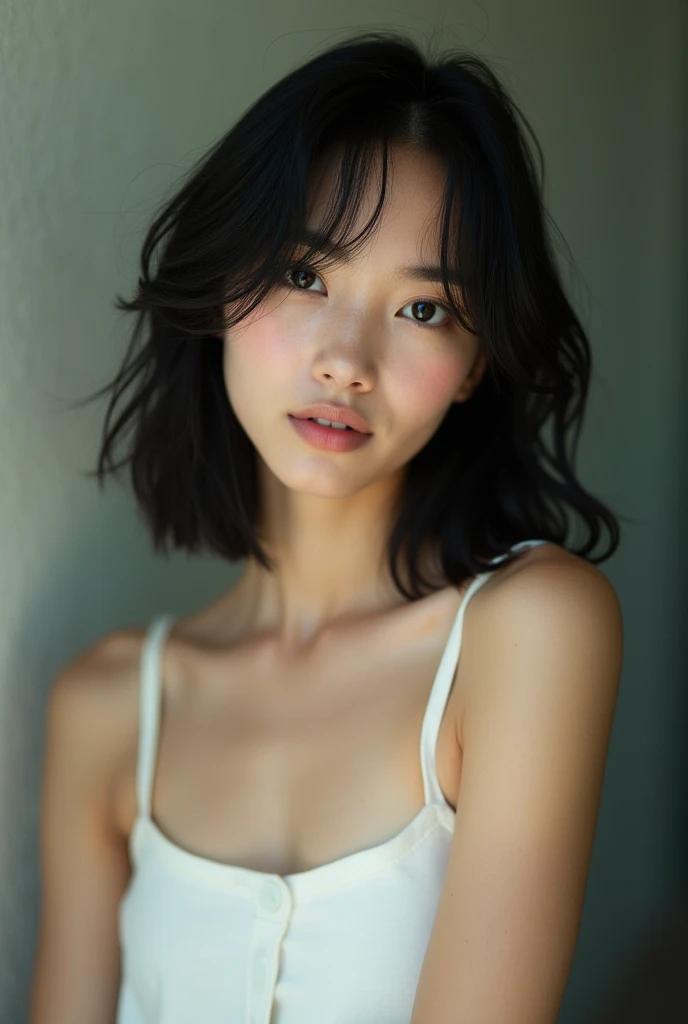 Japanese women、30 years old、(Selfie style:1.2)、Upper body projection、Black Hair、Random hairstyle、Narrow eyes、No makeup、Professional and delicate black eyes、Delicate skin、Rough skin、Random and subtle background、Random Face、(shirt:1.5)、(Random Face:1.7)、dry skin、Busaic face、Highest quality、Highest quality、Completely naked:1.5