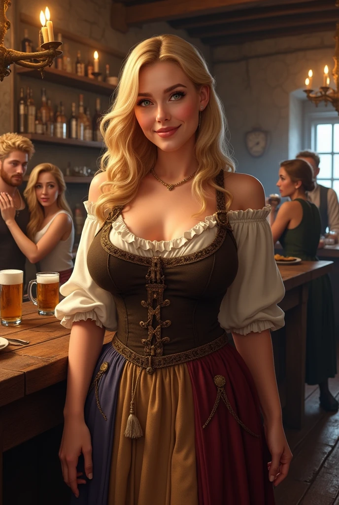 A sexy and cute girl, 1girl, (enormous breasts, massive cleavage), oktoberfest, dirndl dress, beer hall, bavarian architecture, highly detailed, photorealistic, 8k, best quality,4k,8k,highres,masterpiece,ultra-detailed,realistic