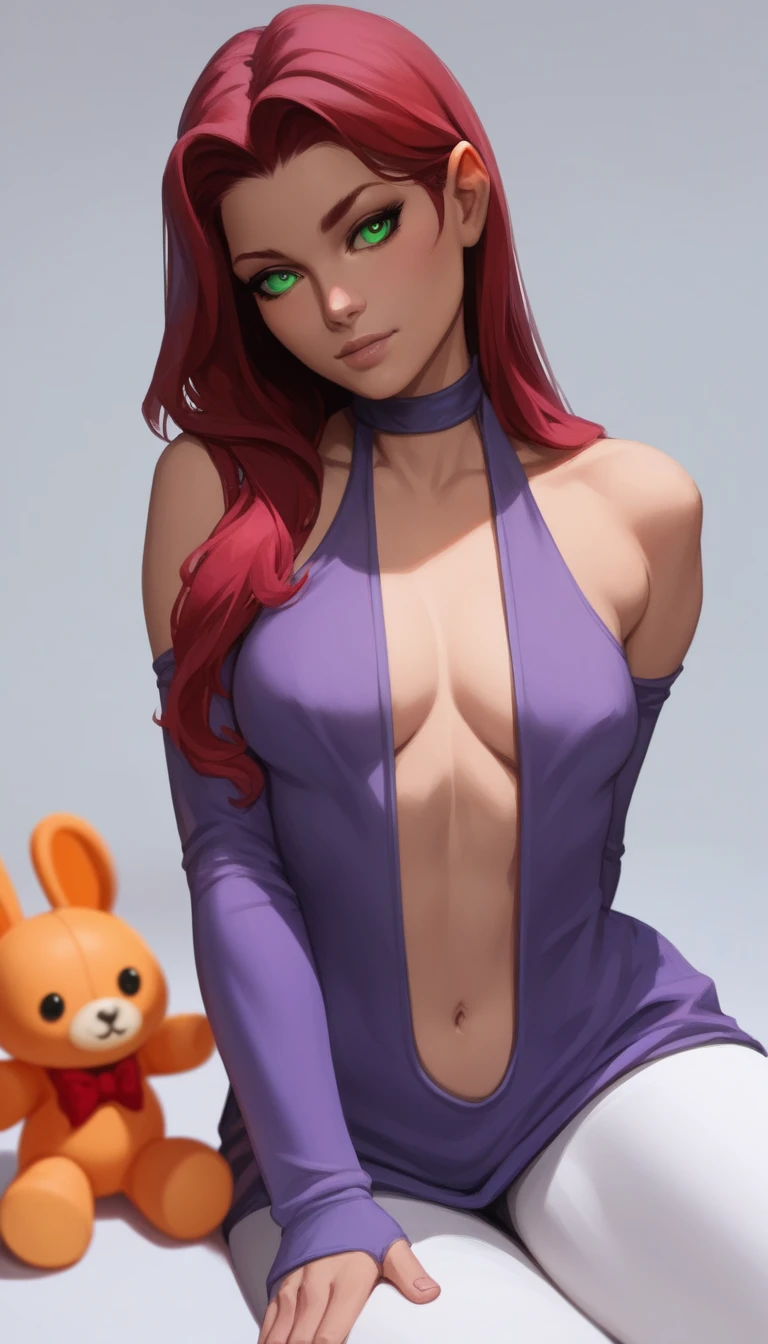 ((masterpiece, best quality, ultra-detailed, ultra-HD, photorealistic, cinematic)), (close-up camera shot:1.2), (sensual pose), (alluring and voluptuous female as Daphne Blake), perfect anatomy, perfect face, huge saggy breasts, proportioned hands, (shoulder-length red hair:1.3), (purple top, dress, pink pantyhose, and purple shoes), (wears a plastic purple headband and a green scarf), ((dynamic background))