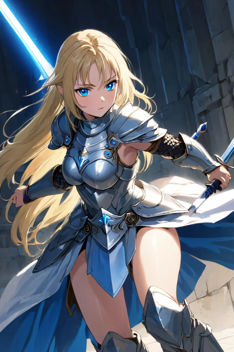 a beautiful warrior long blonde hair blue eyes small breasts armor white folded skirt she is attackedSchreien, 