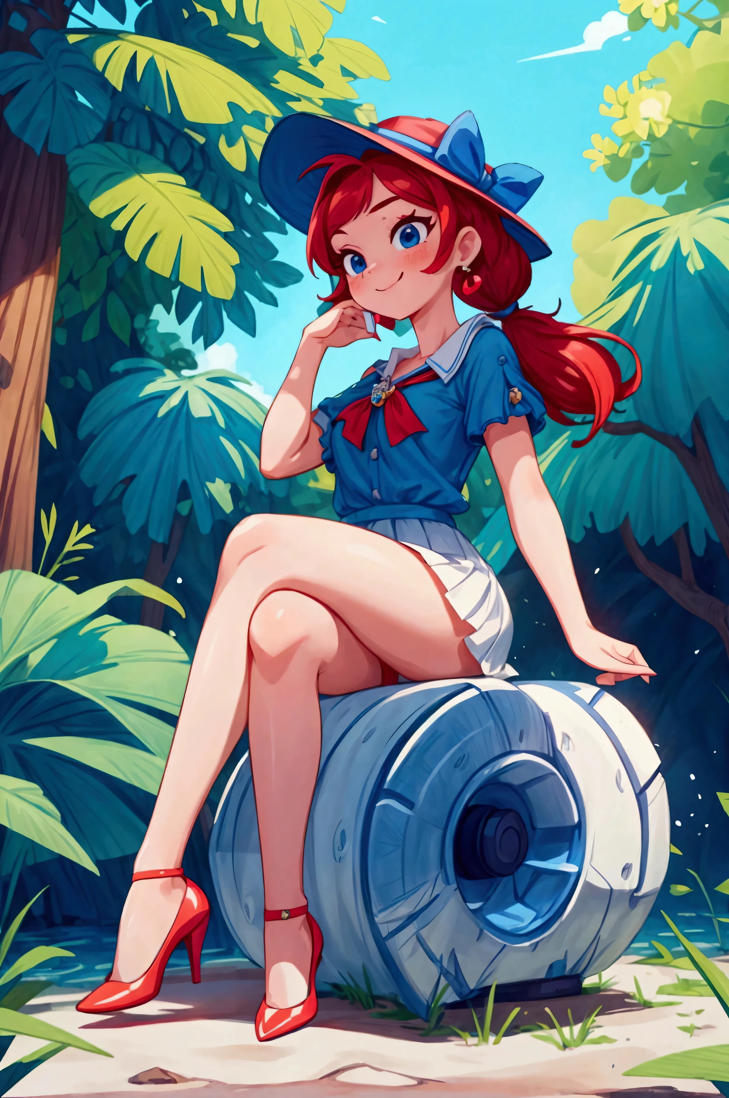 (masterpiece, best quality), 1girl, blue blouse with short neckline, white short skirt, red hair, two ponytails, cute face, blue eyes, sitting with legs crossed, outdoor, intricate detail, sunlight, elegant little hat, sexy pose, red heels shoes, earrings, elegant hand watch, smile, coquette, gorgeous legs, mature ager body, lovely, gorgeous body, pronounced breasts