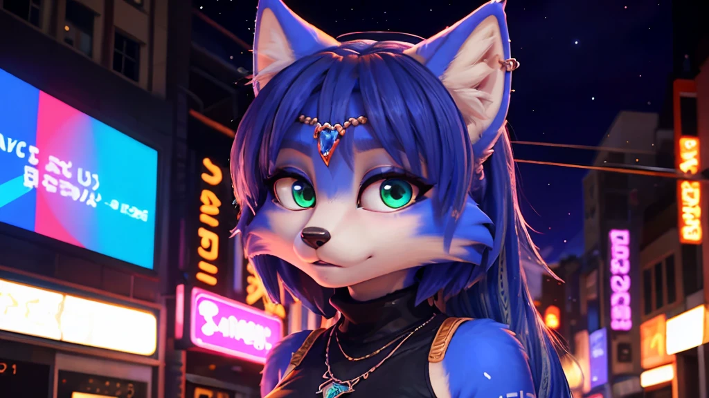 A beautiful and detailed (sweet portrait) wa ((krystal)), Star Fox krystal, sslim, green eyes, medium breasts, (((Long blue hair 1.3))), Decollete, look up, anthro, furry, Uploaded E621, detailed fluffy fur, (wa Fluff-Kevlar, Bayard Wu, personalize me, Pino Daeni), detailed face, (fluffy), 1 girl, alone, Sweet young girl, Blauer hautenger Overall aus starfox assault, Viewers look at, smile,