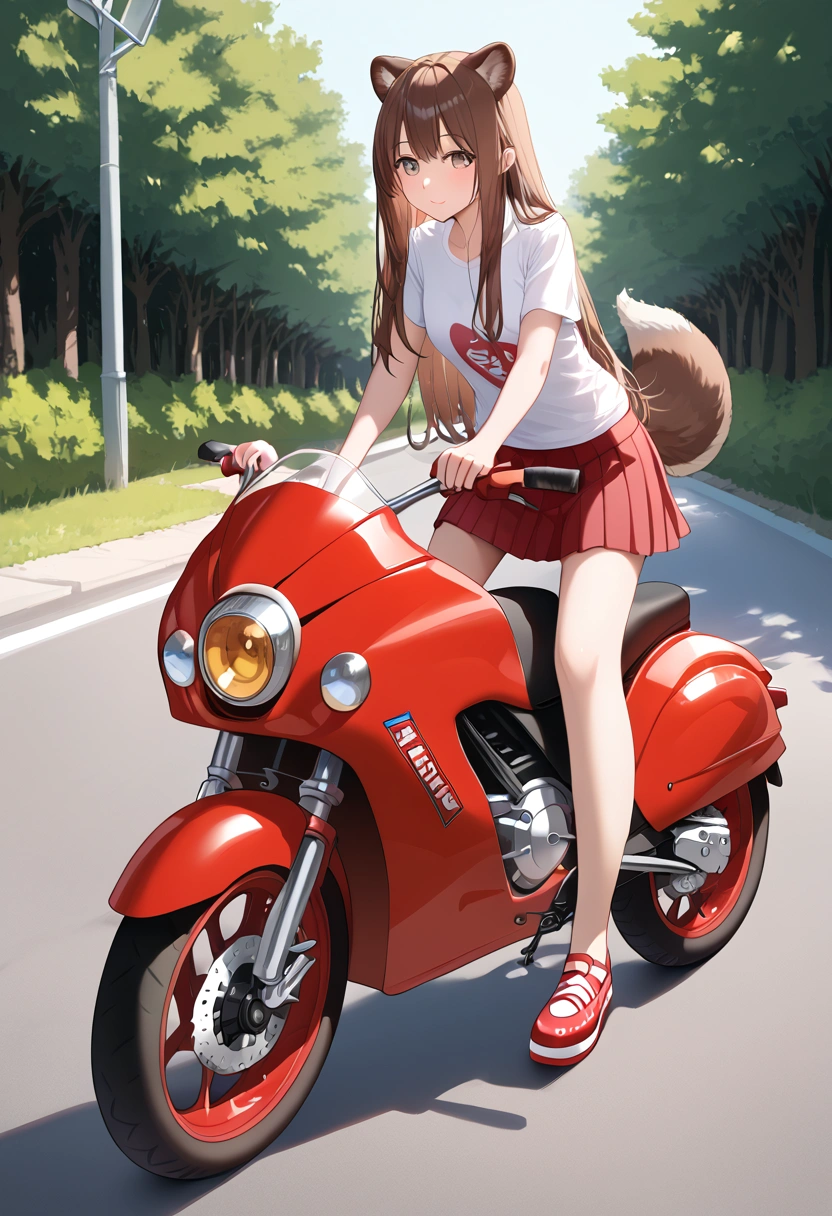 1 girl, solo, long  brown hair, ears and fluffy  tail like a tanuki, in a white T-shirt and a red skirt, summer, riding a stunt scooter