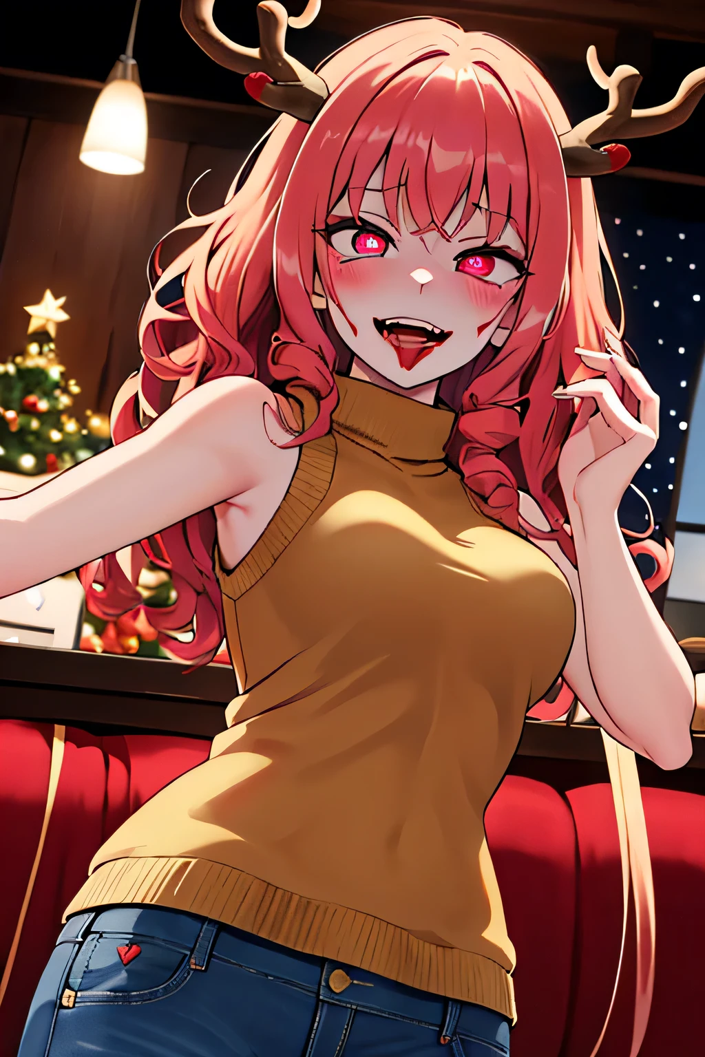 , Masterpiece, Best Quality, Hi-Res, source_anime, (good_hands:0.9) , 1girl, dark red eyes, yandere, crazy eyes, evil expression , crazy smile, red coloured hair, curly long hair, deer antler , sleeveless brown sweater, blue jeans, medium breast, curvy body, High Contrast Glossy Oily Skin, Christmas tree background, living room, standing, from front.stand, looking at viewer, dramatic shadows, cinematic lamp lighting, (light particles:0.8),yandere, blood spots , blood stain, crazy eyes, crazy smile, heart-shaped pupils, glowing eyes, symbol-shaped pupils, open mouth, glowing, blush, looking at viewer,masterpiece, best quality, very aesthetic, absurdres, newest