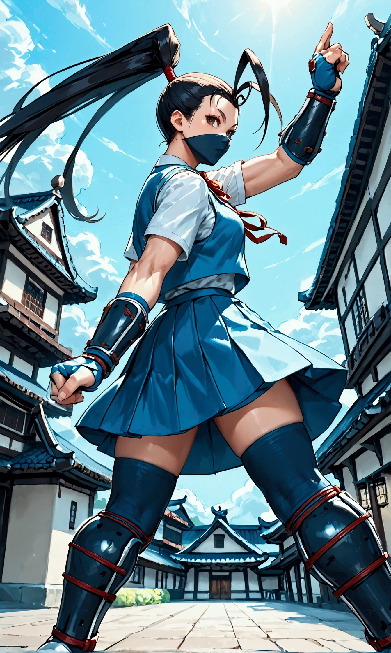 
,solo,1girl\(IbukiSF,long hair,skirt,black hair,thighhighs,gloves,brown eyes,very long hair,(school uniform),ponytail,fingerless gloves,armor,(black mask),antenna hair,japanese armor,knee pads,kote,shin guards,ibuki\(street fighter\),dynamic action, (dynamic pose:1.3), somersault, jump in the air, (back flip:1.3),(aerial:1.3),muscular,seductive, glamorous\). (from below:1.3), background\((many kunai:1.3) shot toward viewer,street of (kyoto) temple\),(dynamic angle:1.3), Dutch angle. score_9, score_8_up, score_7_up, score_6_up, score_5_up, score_4_up, source_anime,source_furry,rating_safe,rating_questionable,masterpiece, best quality, perfect anatomy , very aesthetic , absurdres ,