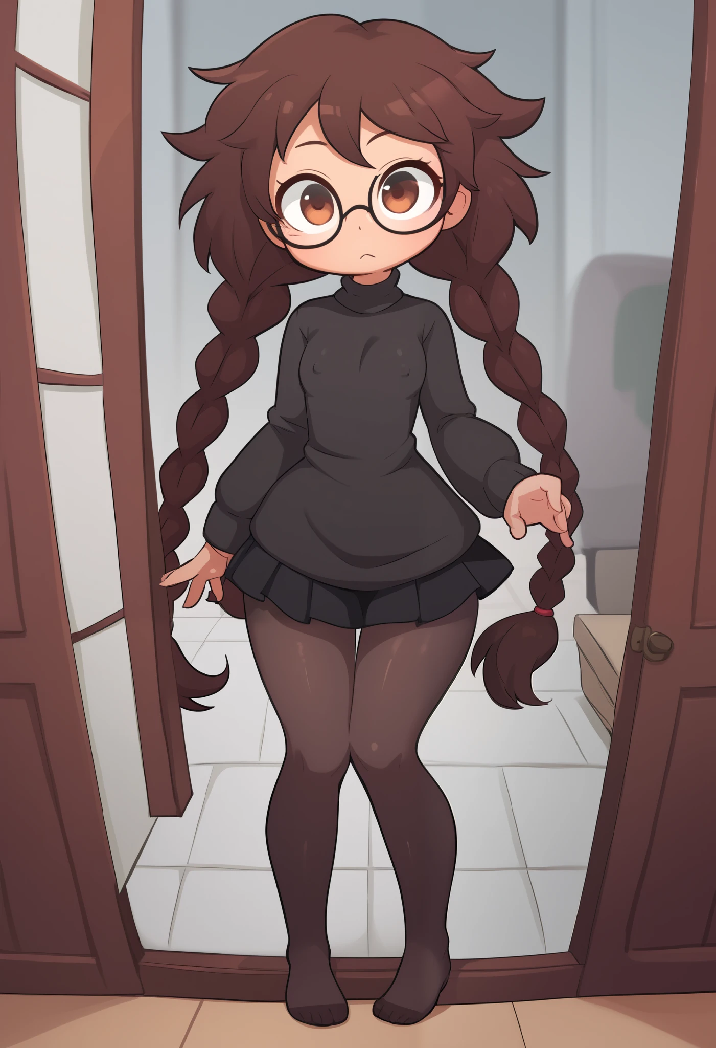 Small girl, young, full body, (solo 0.6), dark brown hair, braids, twintails, messy braids, puffy hair, messy hair, very long hair, brown eyes, skinny body, skinny legs, skinny thighs, slender body, thin waist, flat chest, indoors, (solid black sweater 0.9), black sweater, solid black skirt,  black clothing, medium length skirt, knee length skirt, black pantyhose, glasses, opening door, curious, pov, looking up at you, big eyes, hard erect nipples, cute,