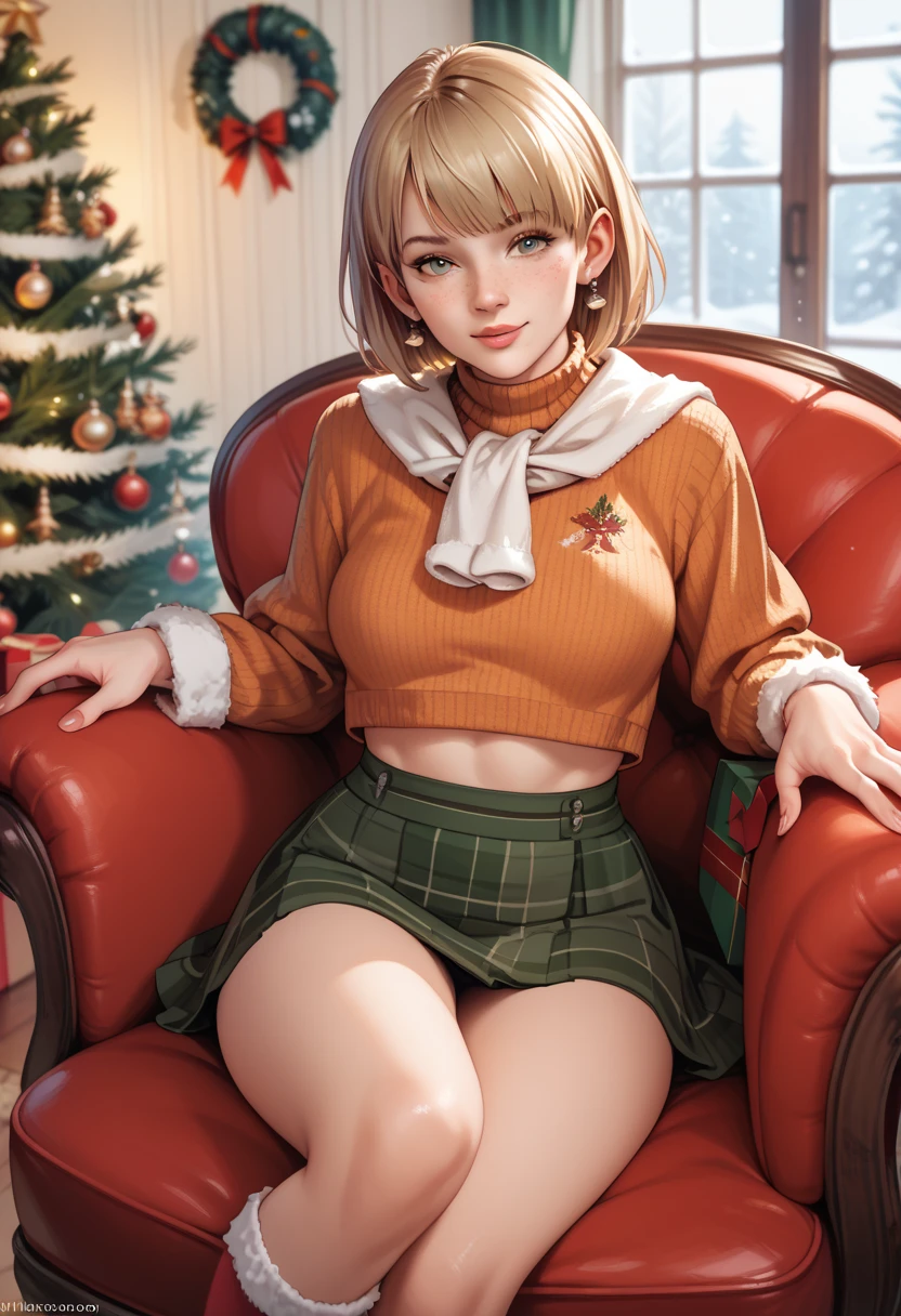 Ashley Graham de Resident evil 4, Christmas clothes, sitting on an armchair in a house,  a Christmas tree in the background , skirt, 