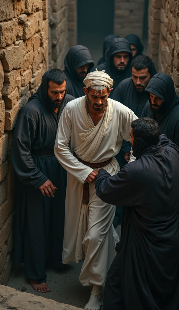 Two mysterious men, dressed in simple robes, solemnly carry the lifeless body of the man through the narrow streets. The scene is somber, with the flickering lights of the homes reflecting off their determined faces. The atmosphere is heavy, filled with the quiet whispers of the night as they make their way to the man's humble home." orang mesir, peradaban mesir, : epic realistic, Soft cinematic portrait, Adobe Lightroom, photographic lab, highy detailed, (light colors: 1,2), (HDR: 1,4) , (subdued colors:1.2), hyperdetailed, (art-station:1.4), cinemactic, warm lights, dramatic light, (details Intricate:1.1), ancient egypt background , best qualityer,Masterpiece artwork.