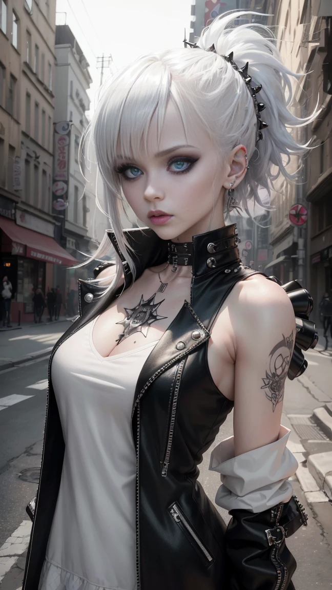 (Best Quality, 8K, 32K, masutepiece:1.3), Ultra-detailed, (Photorealistic:1.4), white colors, albino, anime punk Girl, Detailed eyes, Upper body, Luxurious punk hair, open coat, Edgy punk fashion, Avant-garde makeup, Numerous piercings, Heavily tattooed body, night Street background, neon lights, car headlights, Backlight effect, Shallow depth of field, Blurry background, low key lighting, blue glow