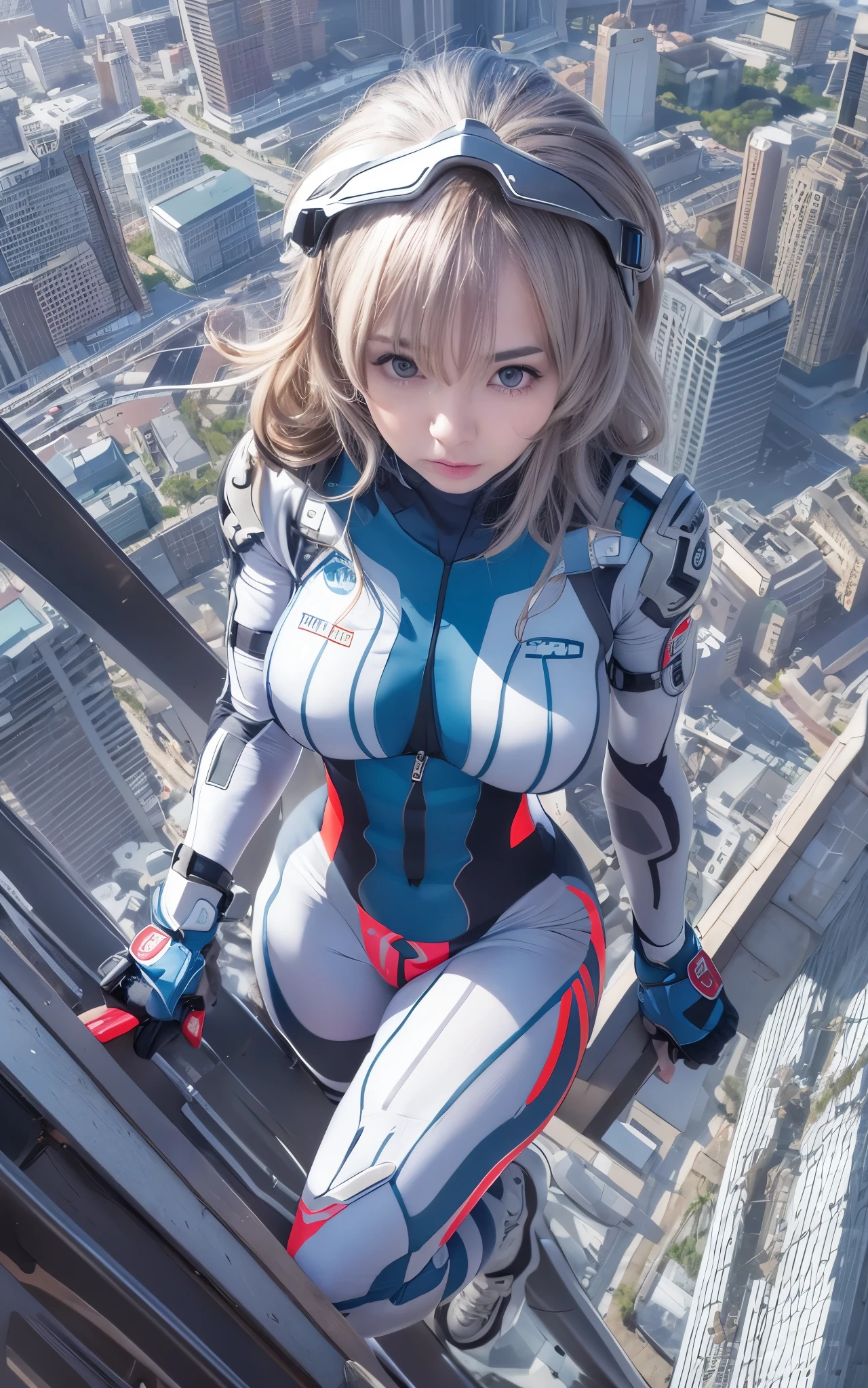 ((Best Quality)), ((masutepiece)), (Detailed: 1.4), (Absurd), Caucasian female fighter pilot ready for war, front walking, muscular sculptural body defined, Closed mouth, muscular body covered by technological clothing, Neon Genesis Evangelion Suit, Cyberpunk, generous neckline, ((perfect large breasts)), (blue eyes without pupils), long manga-style eyelashes, close to real, Crazy face, Sexy Pose, Centered, scale to fit the dimensions, nffsw (High dynamic range),Ray tracing,Hyper-Resolution,Unreal 5,Subsurface Dispersion, PBR Texture, Post-processing, Anisotropy Filtering, depth of fields, Maximum clarity and sharpness, Multilayer textures, Surface Shading, accurate simulation of light and material interactions, Perfect proportions, thirds rule, top-quality, in 8K, ultra-detailliert, Being on the roof of a skyscraper, Smooth bodysuit, spiffy white zero suit