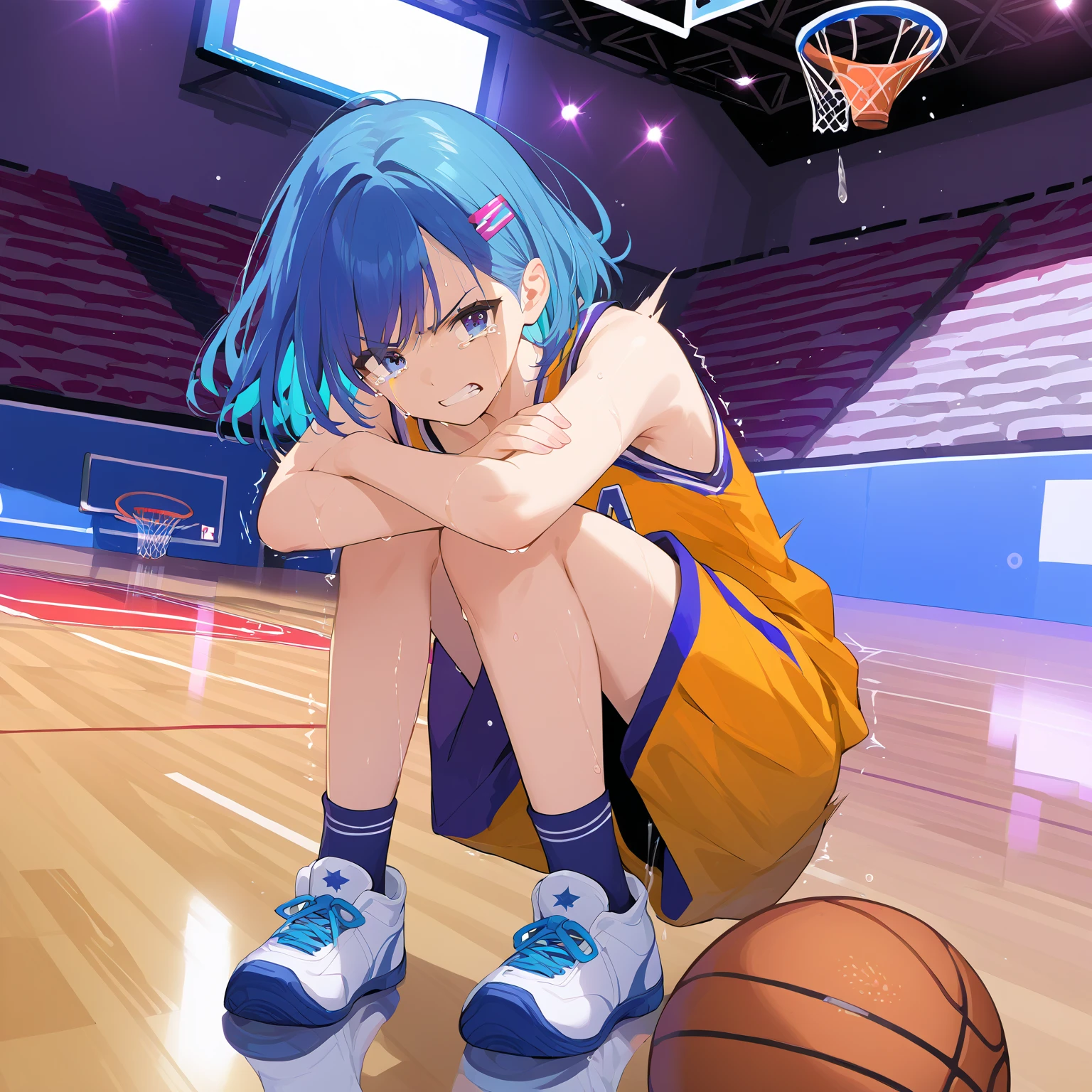 score_9, score_8_up, score_7_up , source_anime ,masterpiece, best quality, perfect anatomy , very aesthetic , official art,BREAK
blue hair, medium hair, medium breast, slender body, athlete body, long legs,
basketball uniform, basketball court,
BREAK blush, cry, tear, angry, clenched teeth,
BREAK sweat, breath, dripping pussy juice,
BREAK (trembling:1.4), bent over, crossed arms,
audience,, masterpiece, best quality, highres,