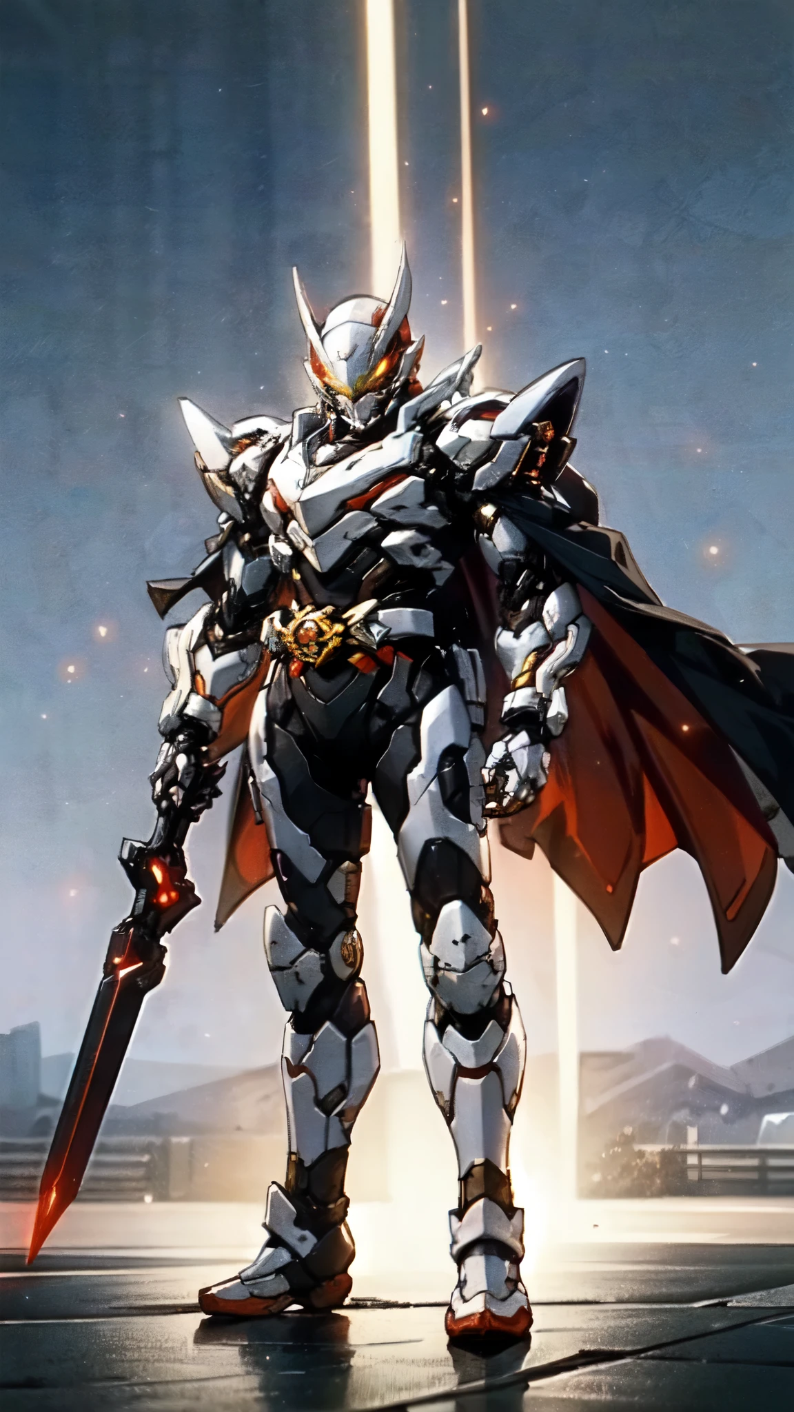 (masterpiece:1.5, best quality:1.5, extremely delicate:1.5), ((male:1.5)), a man wearing a full-face helmet, high-tech biomimetic armored combat suit, (a composite layered chest armor), the design balances heavy with agility, fully enclosed shoulder guards, matching arm and leg guards, a belt of gemstone, (the color scheme is primarily Red with Purple and Yellow accents, Organic Biotech, Concept Inspired by Vampire, glowing eyes, armor glows, huge cloak like devil wings), stand of a futuristic sci-fi city, this character embodies a finely crafted fantasy-style armored hero in anime style, exquisite and mature art style, metallic, high definition, highres, ultra-detailed, ultra-fine painting, professional, perfect body proportions, golden ratio, anatomically correct, symmetrical face, extremely detailed eyes and face, high quality eyes, creativity, RAW photo, UHD, 32k, Natural light, cinematic lighting, (masterpiece-anatomy-perfect:1.2)