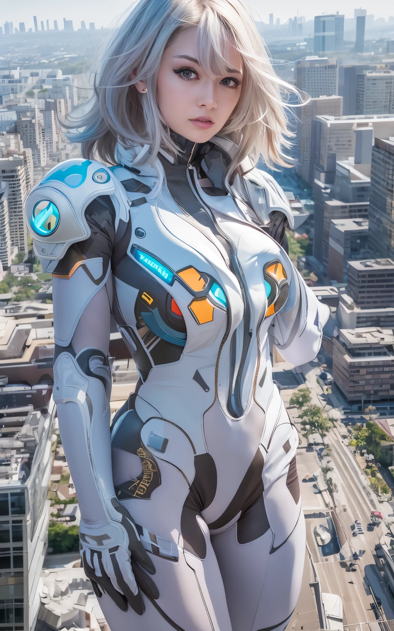 ((Best Quality)), ((masutepiece)), (Detailed: 1.4), (Absurd), Caucasian female fighter pilot ready for war, front walking, muscular sculptural body defined, Closed mouth, muscular body covered by technological clothing, Neon Genesis Evangelion Suit, Cyberpunk, generous neckline,  ((perfect large breasts)), (blue eyes without pupils), long manga-style eyelashes, close to real, Crazy face, Sexy Pose, Centered, scale to fit the dimensions, nffsw (High dynamic range),Ray tracing,Hyper-Resolution,Unreal 5,Subsurface Dispersion, PBR Texture, Post-processing, Anisotropy Filtering, depth of fields,  Maximum clarity and sharpness, Multilayer textures, Surface Shading, accurate simulation of light and material interactions, Perfect proportions, thirds rule, top-quality, in 8K, ultra-detailliert, Being on the roof of a skyscraper, Smooth bodysuit, spiffy white zero suit