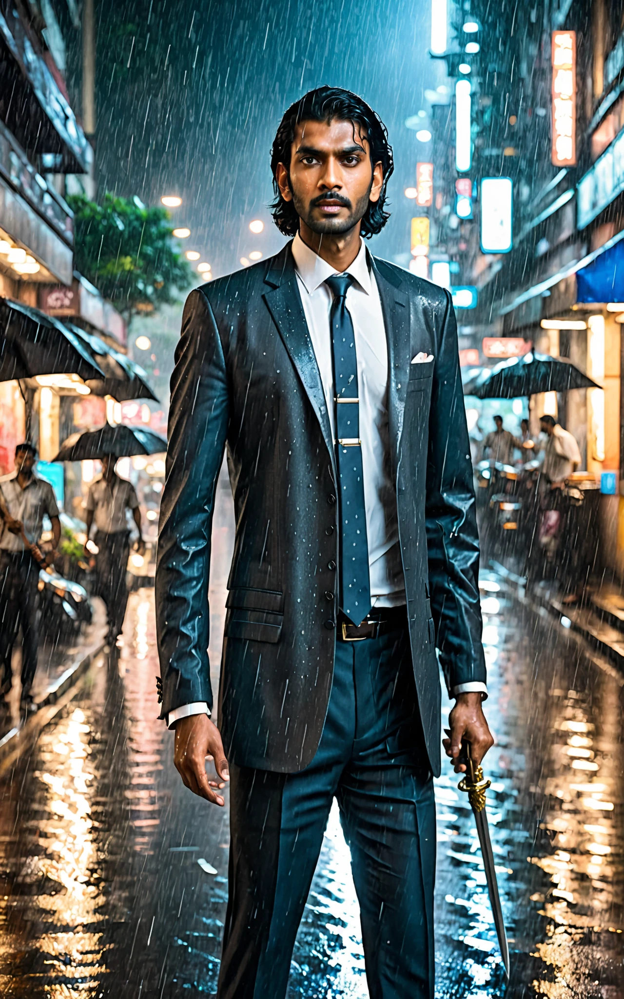 A tall Indian man with shoulder-length hair, dressed in a formal suit, stands poised in the rain on a modern city street. Clutching a sword in his left hand and a gun in his right, he prepares to face a crowd of enemies. The nighttime setting intensifies the tension as the rain pours down, just moments before the battle begins.