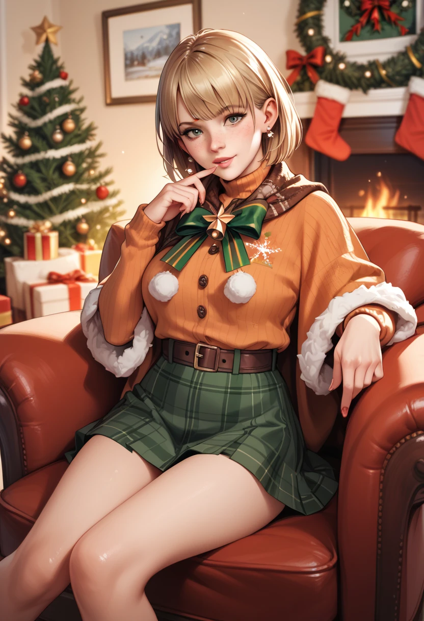 Ashley Graham de Resident evil 4, Christmas clothes, sitting on an armchair in a house,  a Christmas tree in the background , skirt, 