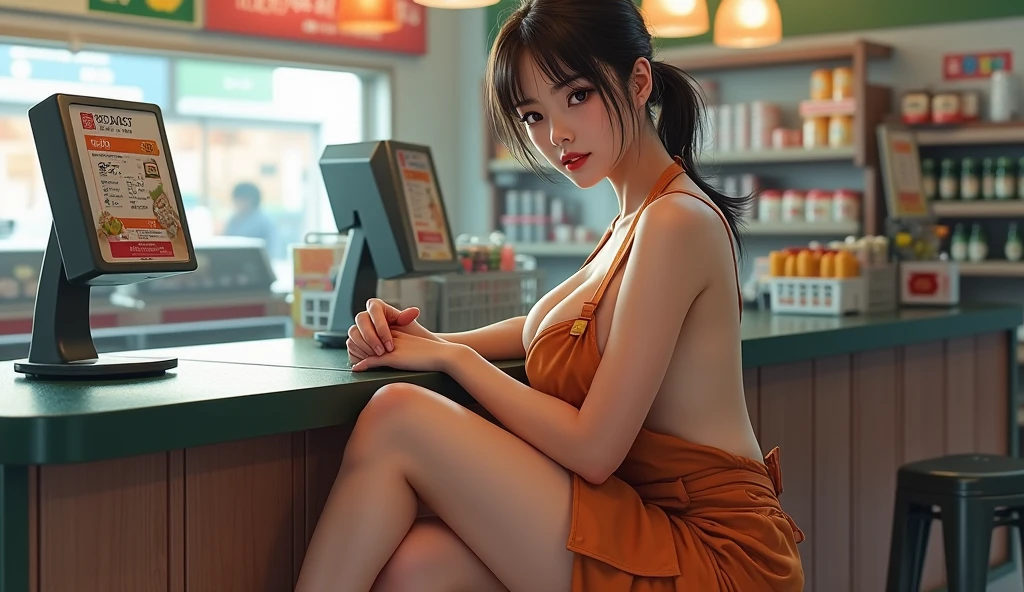 Realistic pretty Japanese teenage girl, medium dark hair tied, bare feet, groin, smooth ass, topless, arm crossed over small breast, flat chest, sheer g-string, sweating, moist, from side, posing in food court