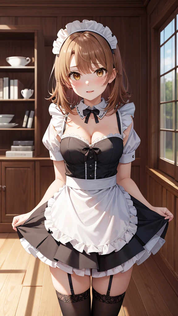 masterpiece, best quality, highres, aairoha, medium hair, indoors, maid, maid headdress, miniskirt, standing, thigh highs, cleavage, cowboy shot, detached collar