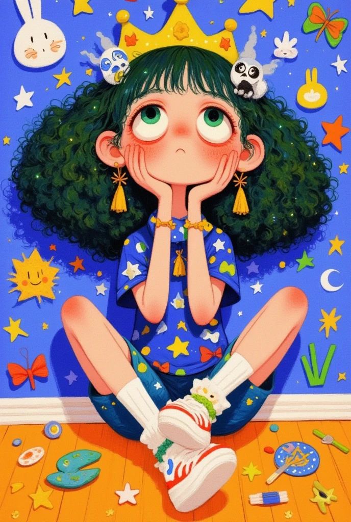 low fidelity cartoon pictures：In the room， a girl with broccoli hair， huge hair ，expression of grief ，Fear