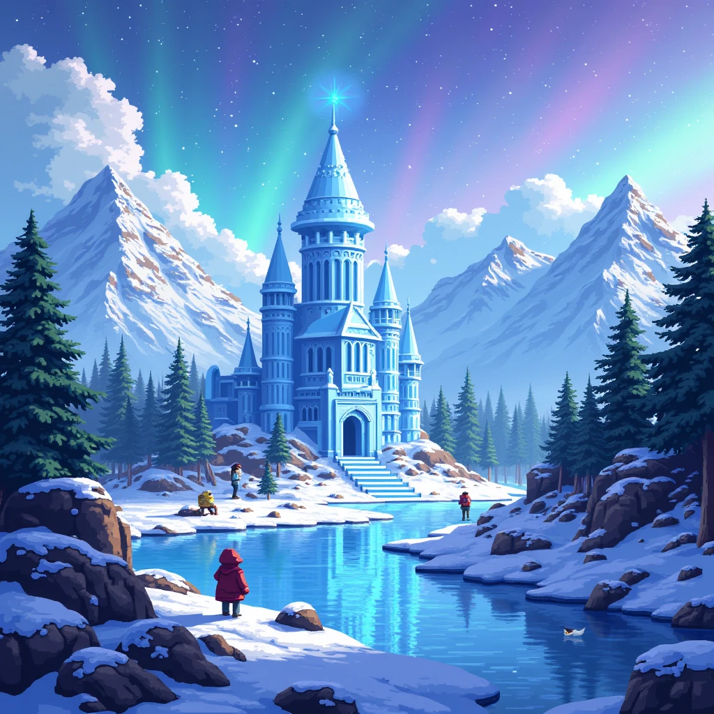 (Pixel Art, Ice Kingdom, fantasy landscape, winter wonderland, snow-covered mountains, icy castle, magical frozen lake, glowing northern lights, enchanted forest, intricate pixel details, vibrant colors, low-poly style, 8-bit aesthetic, retro gaming, pixelated characters, stunning pixel art, cinematic lighting, dramatic shadows, atmospheric fog, whimsical atmosphere, best quality, 8k, masterpiece, highly detailed)