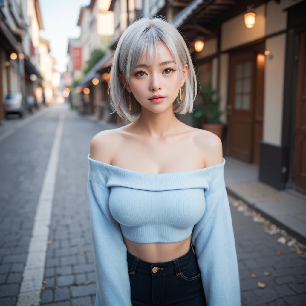 ((nsfw:1.5)),1girl, blunt bangs, high ponytail, silver hair, tokyo_street_fashion_xl, earrings, fishnet legwear, fishnets, jacket on shoulders, jewelry, lipstick, parted lips, makeup, white stiletto heels, solo, squatting, hand on cheek, blue eyes, sassy, half-closed eyes,, [evangelion:cyberpunk edgerunners:0.5], reflective transparent iridescent opaque clothing, very aesthetic, highres, 4k, 8k, intricate detail, cinematic lighting, amazing quality, amazing shading, detailed Illustration, official artwork, wallpaper, official art, extremely detailed eyes and face, beautiful detailed eyes, from below, full body, thigh gap, The open space behind、

【Details】((8K、highest quality、masterpiece))、(Form Shadow(or Core Shadow))、(Surreal)、(An illustration)、(High resolution)、(Very detailed)、(最高のAn illustration)、(Very detailed)、(Realistic)、(Natural light)、(Anatomically correct),((bokeh:1.4)),(short focus lens:1.7)、((Pale Light、darkness:2.5))

setting：Japanese women、18-year-old、cute、Baby Face、(Beautiful face in every detail)、(Detailed、Realistic skin texture)、(Dimples)、Naughty face、(strong shadow)、(Drop Shadow:1.2)、Hard Light、Backlight、Ear cleaning pose、Delicate depiction of clothing、Dark shading、Captivating smile、(Photorealistic:1.5)、Depth of written boundary、Ray Tracing、Rotational symmetry、85mm、f/1.8、Super Detail、Textured Skin、Portrait Natural Lip Gloss、eyeliner、Brown eyes、(美しいFine grain)、

(Different eyes)、(Fine grain)、(Brown eyes)、((Shining Eyes))、(closed small mouth)、

hair:(Caramel Hair),(鈍い前hair,刈り上げた前 hair,very long hair,romantic low bun,風に舞うhair, (Very detailedでリアルなhair)、長いhair、(((絹のようなhair ,光沢のあるhair))) 

((Realistic big breasts))、Perfect body、Athletic Body、glamorous、Narrow shoulders、Slender body、Fine skin、Shiny skin、Perfect body、Fine skin、Clear skin、

Earrings、

((hairを三つ編み))、Twin braids、理hair、hairを握る、hairを結ぶ、hairを調整する、((hairを肩にかける))、hairに手を持つ、、編み込みhair,Full Body Photo、