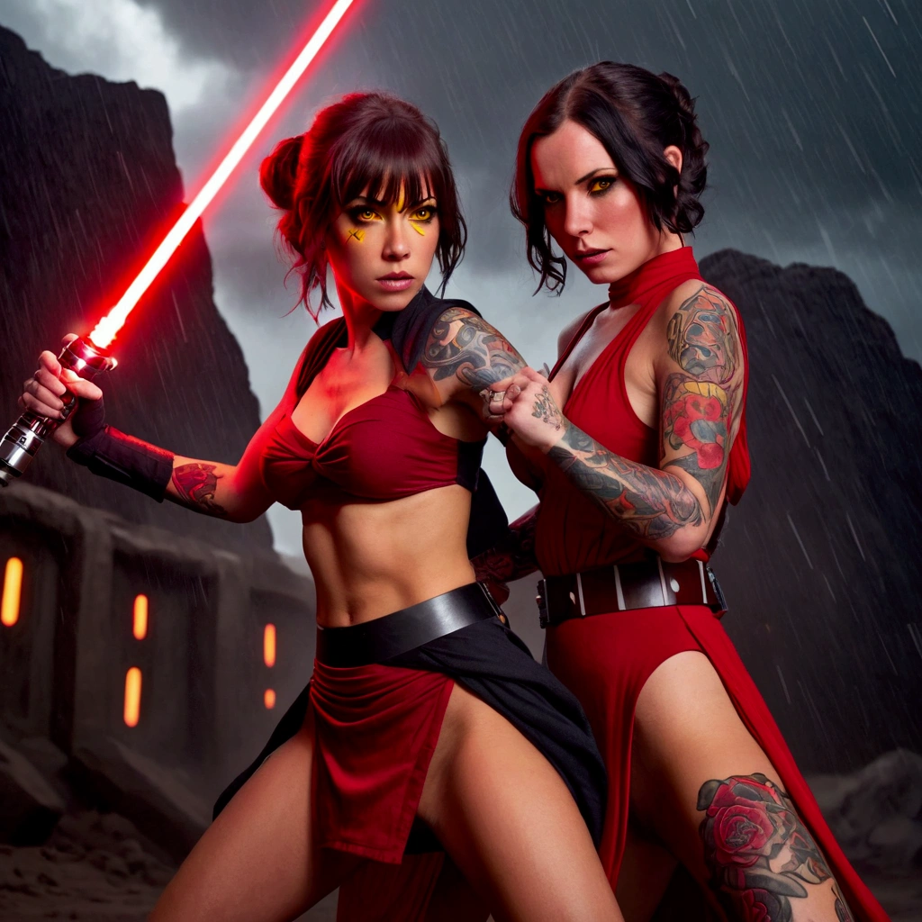 nsfw, jedi, battle damaged clothes, exposed skin, mother and daughter, good vs evil, dark red hair, slave armor, lightsaber duel