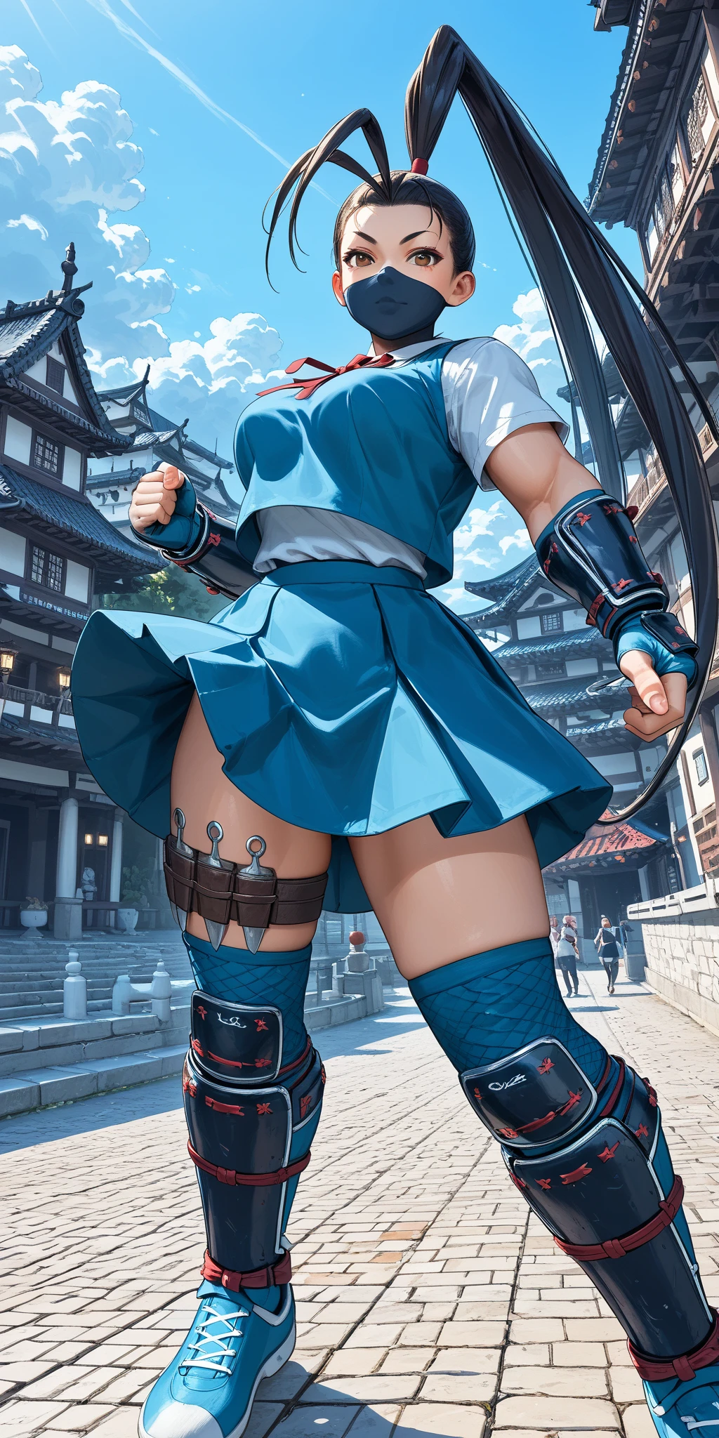 ,solo,1girl\(IbukiSF,long hair,skirt,black hair,thighhighs,gloves,brown eyes,very long hair,(school uniform),ponytail,fingerless gloves,armor,(black mask),antenna hair,japanese armor,knee pads,kote,shin guards,ibuki\(street fighter\),dynamic action, (dynamic pose:1.3), (somersault),(jump kick:1.3), (aerial:1.3),muscular,seductive, glamorous\). (from below:1.3), background\((many kunai:1.3) shot toward viewer,street of old (kyoto) temple\),(dynamic angle:1.3), Dutch angle. score_9, score_8_up, score_7_up, score_6_up, score_5_up, score_4_up, source_anime,source_furry,rating_safe,rating_questionable,masterpiece, best quality, perfect anatomy , very aesthetic , absurdres ,