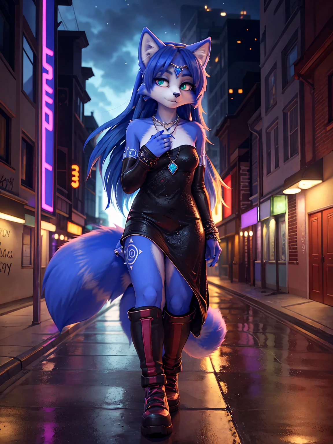 (Masterpiece) (High Detail) (High Res) Close up of A Short Humanoid Girl with pale human skin and blue eyes and long blue straight hair and blue dog ears and a fluffy blue dog tail and average breasts. She is wearing a blue sequin dress and She is walking in a dark alleyway at night-time. She looks nervous. There are several dark shadowy figures behind her reaching out to try and grab her. 