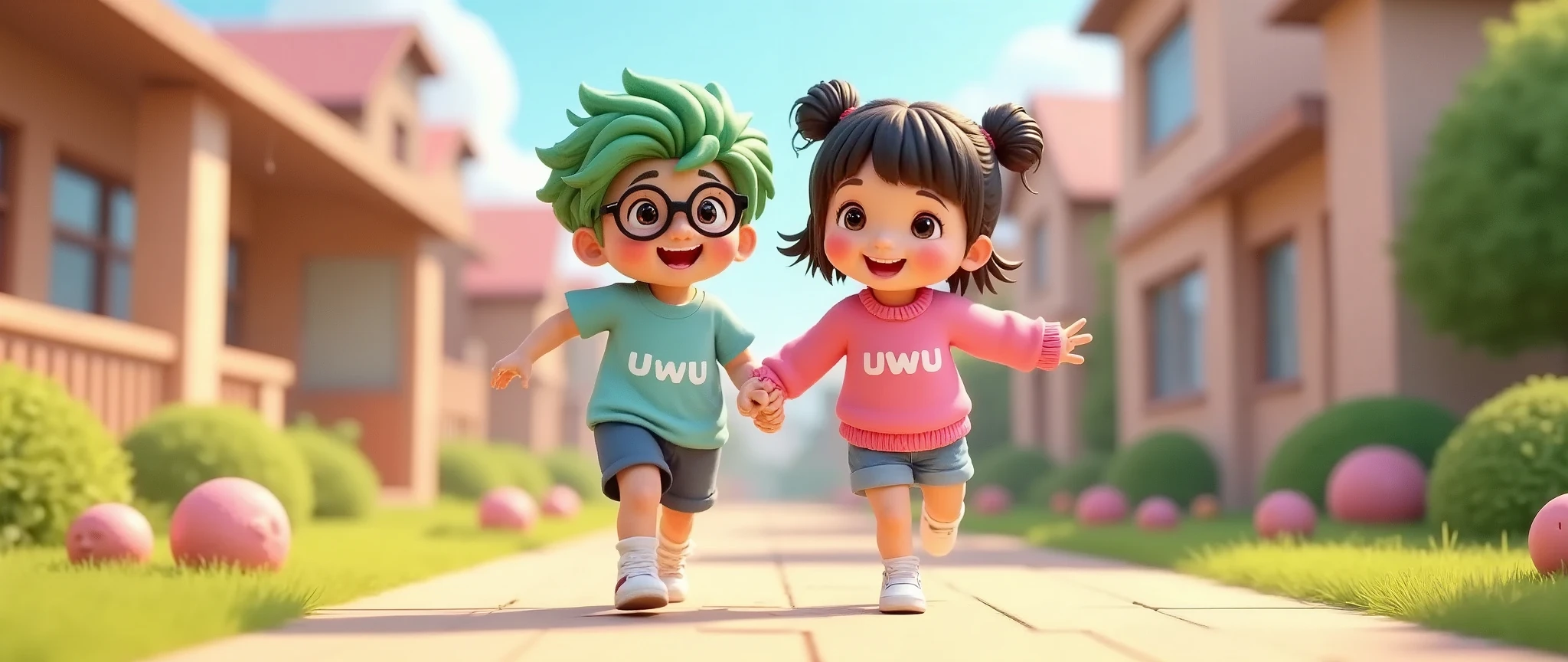 hyper close up of boy and Girl, face are Happy, write UWU on the shirt, happy, ((fish eyes lens)) laughing, fish eyes lense, arms open, RUNNING, PINK BUILDINGS IN THE BACKGROUND