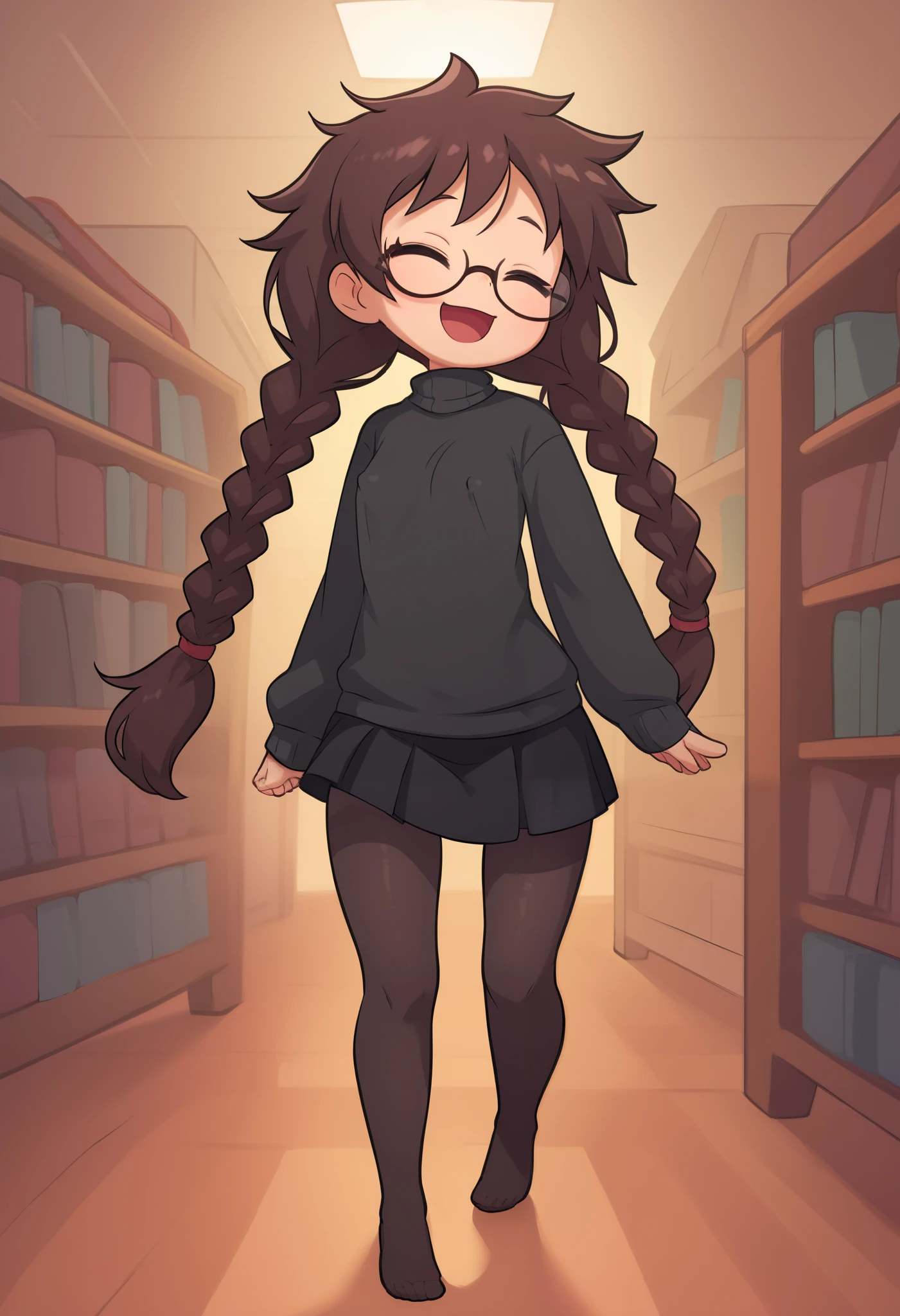 Small girl, young, full body, (solo 0.6), dark brown hair, braids, twintails, messy braids, puffy hair, messy hair, very long hair, skinny body, skinny legs, skinny thighs, slender body, thin waist, flat chest, indoors, (solid black sweater 0.9), black sweater, solid black skirt,  black clothing, medium length skirt, knee length skirt, black pantyhose, glasses, eyes closed, laughing, pov, walking away, in a library, big eyes, hard erect nipples, cute,