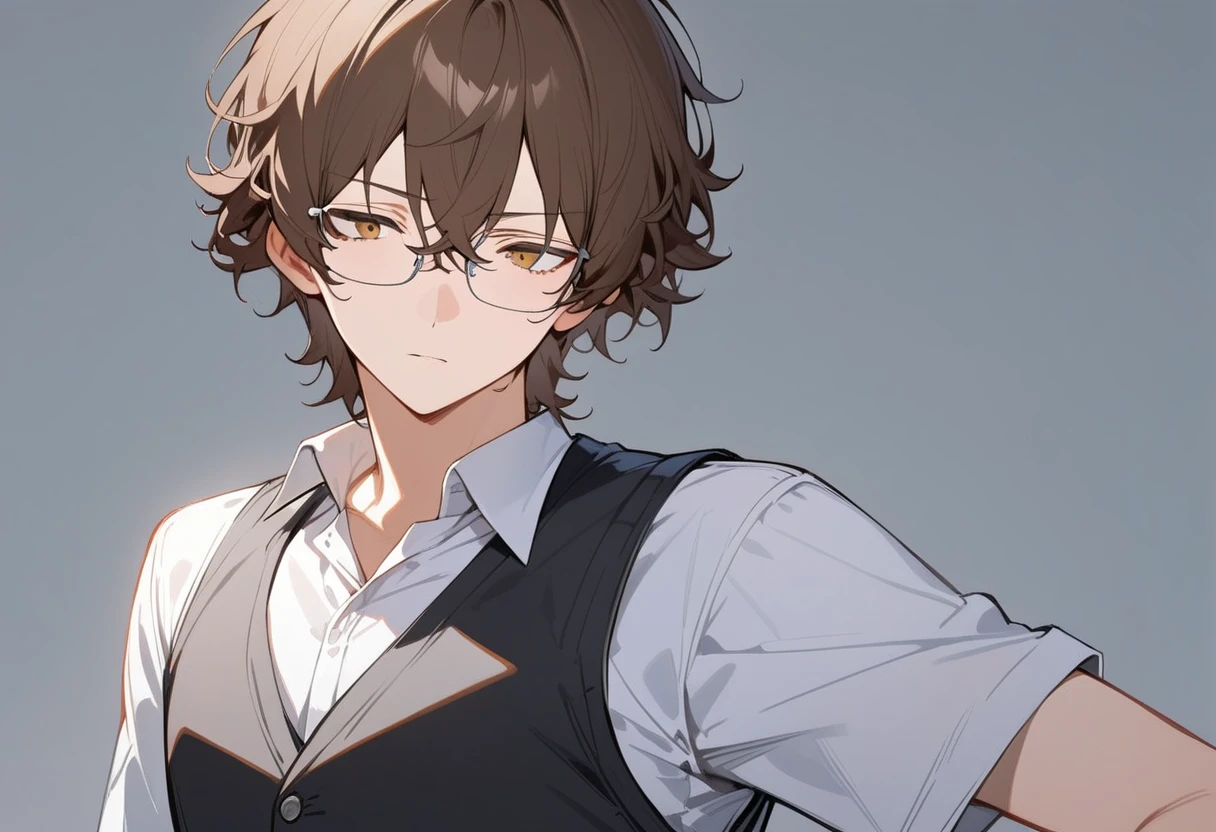 best quality, amazing quality, great quality, absurdres， High School Boys，Brown Hair,  medium hair,  simple background,   white shirt, Black vest, Natural perm, solo, thin metal frame glasses, Timid,