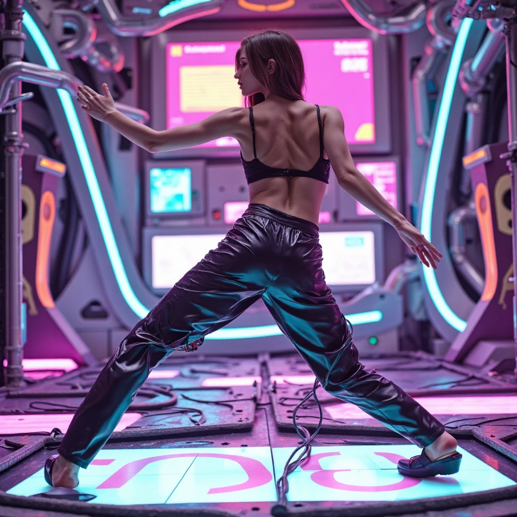 Space station crew members, futuristic scifi interior, clean sterile interior, crew members in foreground: 1.4, rave apparel:1.6, rave atendee style crew uniform: 0.8, scene hairstyle: 1.2, rave makeup: 1.4, rave clothing, rave with hundreds of crew: 1.6, large rave: 1.3, small stage, bright neon, blacklight washed aesthetic: 1.4, blacklight illumination: 1.8, lots of crew: 1.8, clothes glow under blacklight,