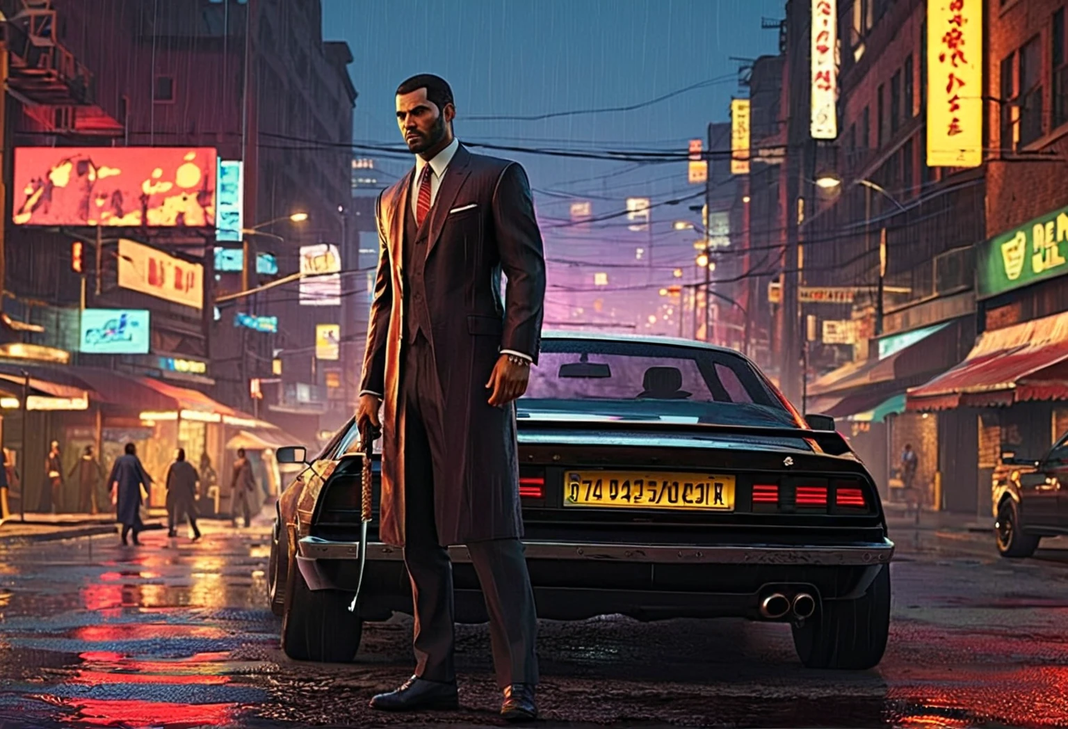 a detailed scene in GTA style, featuring an urban cityscape with high-rise buildings, bustling streets filled with speeding cars and neon-lit signs, A tall Indian man with shoulder-length hair, dressed in a formal suit, stands poised in the rain on a modern city street. Clutching a samurai sword in his hand, he prepares to face a crowd of enemies. The nighttime setting intensifies the tension as the rain pours down, just moments before the battle begins, dramatic lighting with deep shadows and vibrant colors, cinematic angles and compositions, realistic textures and materials, capturing the essence of a thrilling open-world adventure (best quality, 4k, highres:1.2), ultra-detailed, realistic:1.37, HDR, street art graffiti, dynamic lighting, gritty atmosphere.