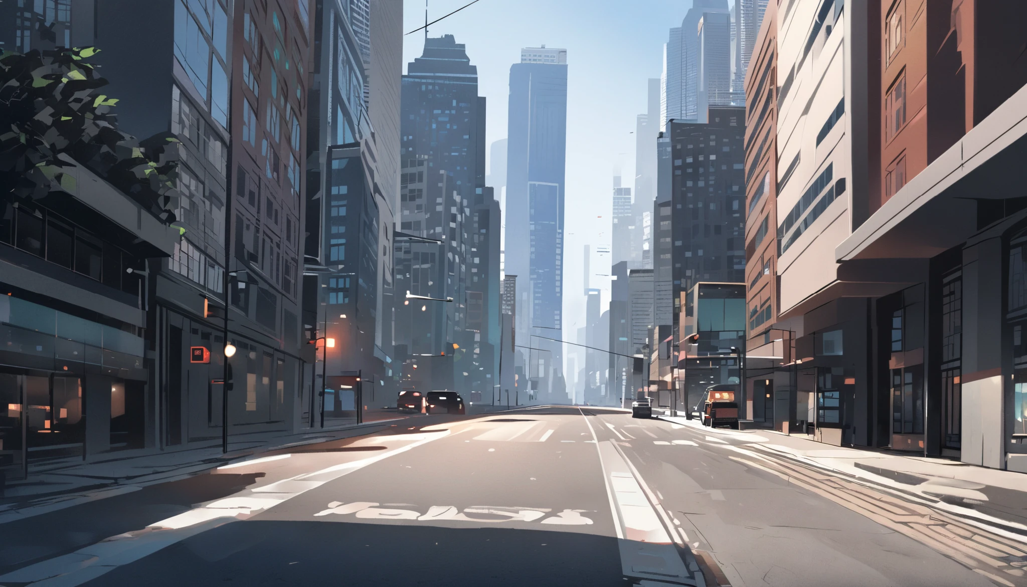 left and right asymmetrical, tilted camera, Skyscraper with a low 1-point perspective , Cityscape, American streets, Streetlight, On the road, no one