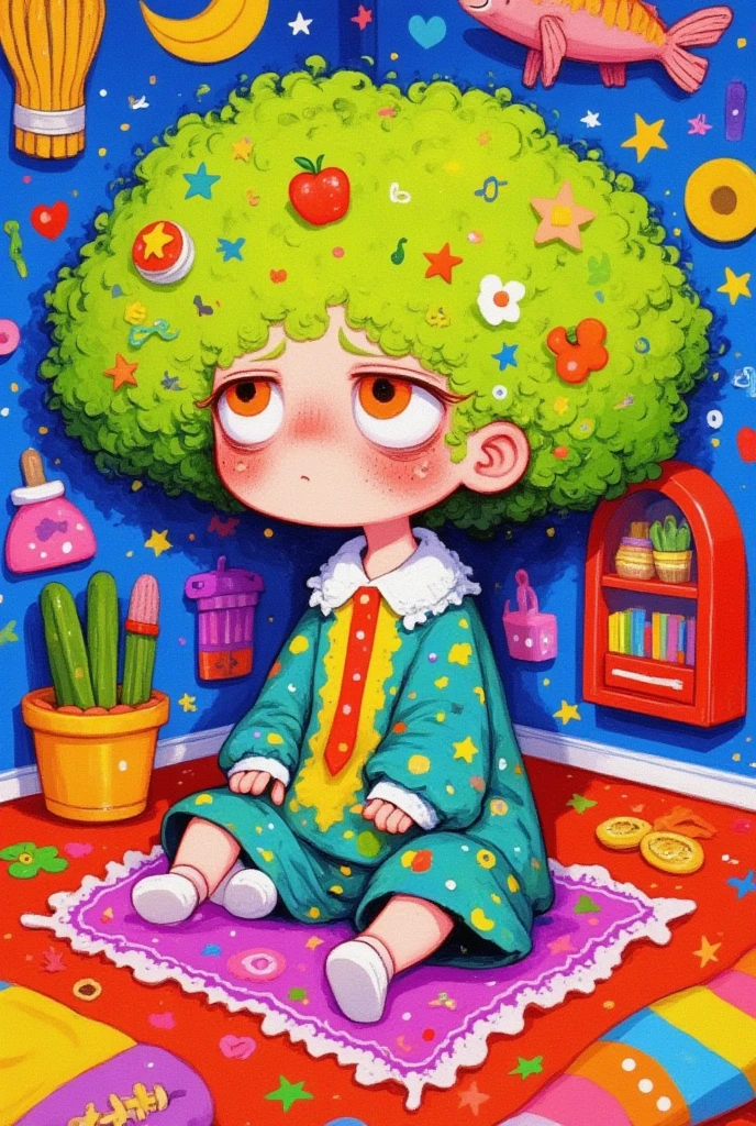  cartoon：In the room， a girl with broccoli hair， huge hair ，expression of grief ，Fear