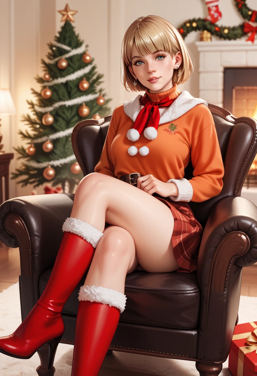 Ashley Graham de Resident evil 4, red Christmas clothes, sitting on an armchair in a house,  a Christmas tree in the background , red skirt, 