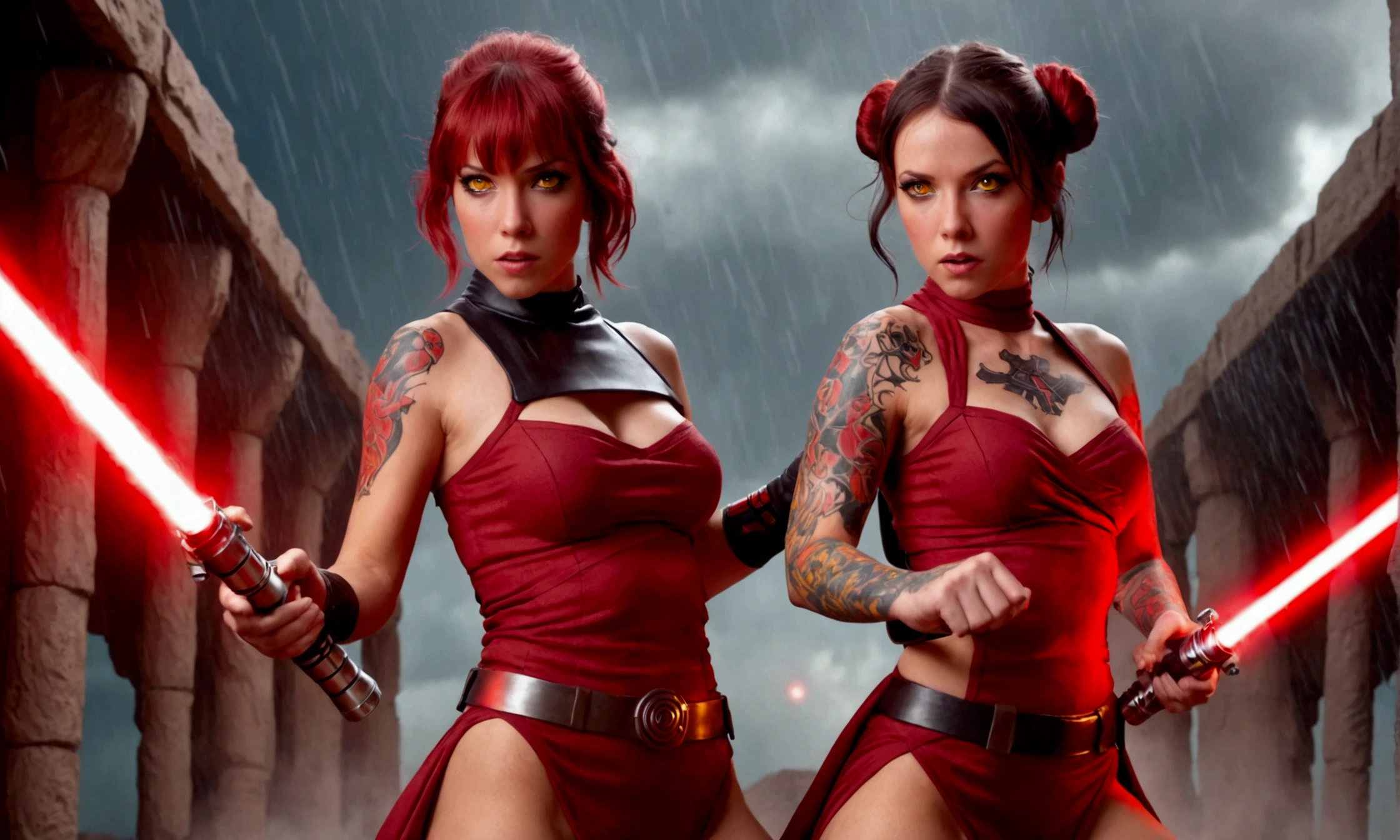 Two woman in the translucent night gown, half naked, nipple on, shibari,tied with red satin rope,wearing satin hijab, full body,mermaid tight long gown, flowy dramatic long gown,very long flor length gown, tall women, under rain, wet, sexy face, sexy pose, wear high heels, masterpice