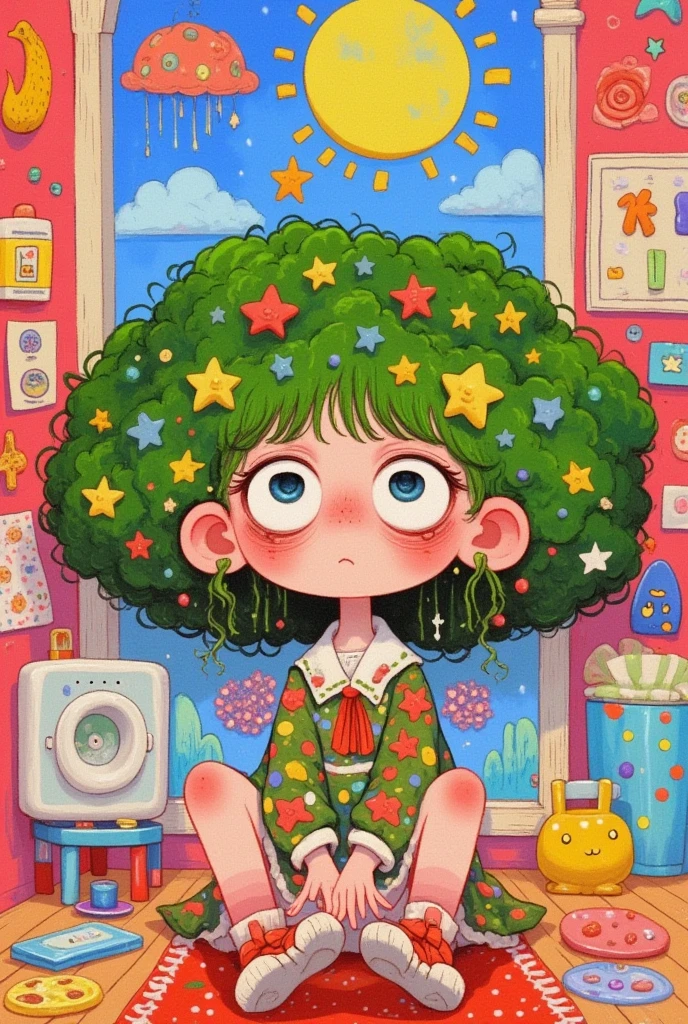  cartoon：In the room， a girl with broccoli hair， huge hair ，expression of grief ，Fear