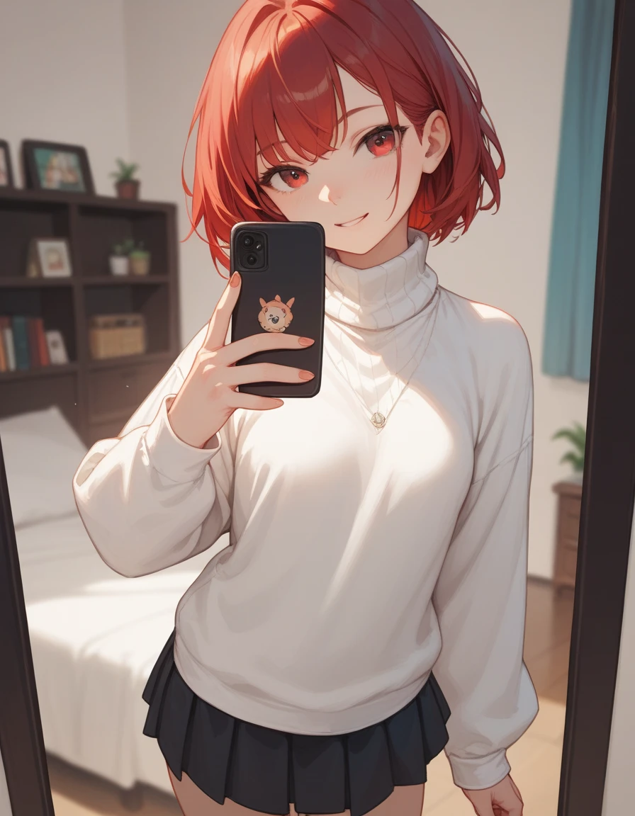 (masterpiece, best quality, long shot), Selfie angle, 1 woman, 29 years old, small breast, red bob hair, loose white turtleneck sweater, black skirts, short boots, in her room