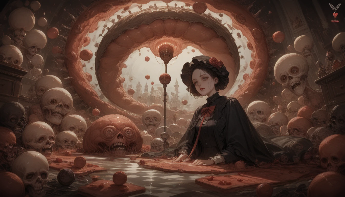Masterpiece,(Masterpiece, Top quality, Best quality,Sitting，long whitr hair，blossoms，skelleton，skulls，Red wedding dress,Half of the face is covered，arte de terror，covering eyes，Cover your nose，blood-red，Red scarf，red colour，His face was covered with a square towel，Smile，The coat is embroidered with a red robe，The lower body is a red skirt and red pants，Charming，Ghastly，terroral，waxy candles，Spooky atmosphere，casket，