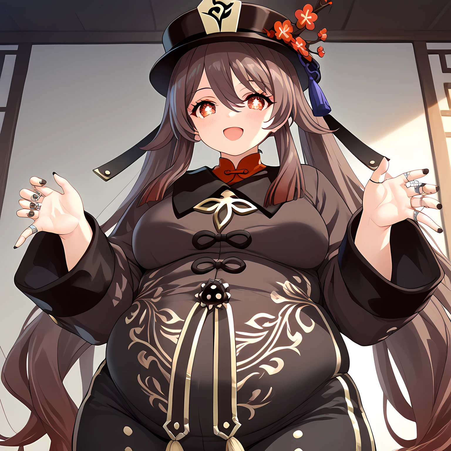 hutao, long hair, bangs, brown hair, red eyes, hair between eyes, twintails, sidelocks, symbol-shaped pupils,  ring, black nails, hat ornament, hat flower, nail polish, small breast , dynamic angle, takeda hiromitsu style,
, High Resolution, Masterpiece, High Quality,  ,Booty pose,impish smile,blush, fat, chubby, obese, gigantic arms and legs, large breasts open mouth, out of breath
