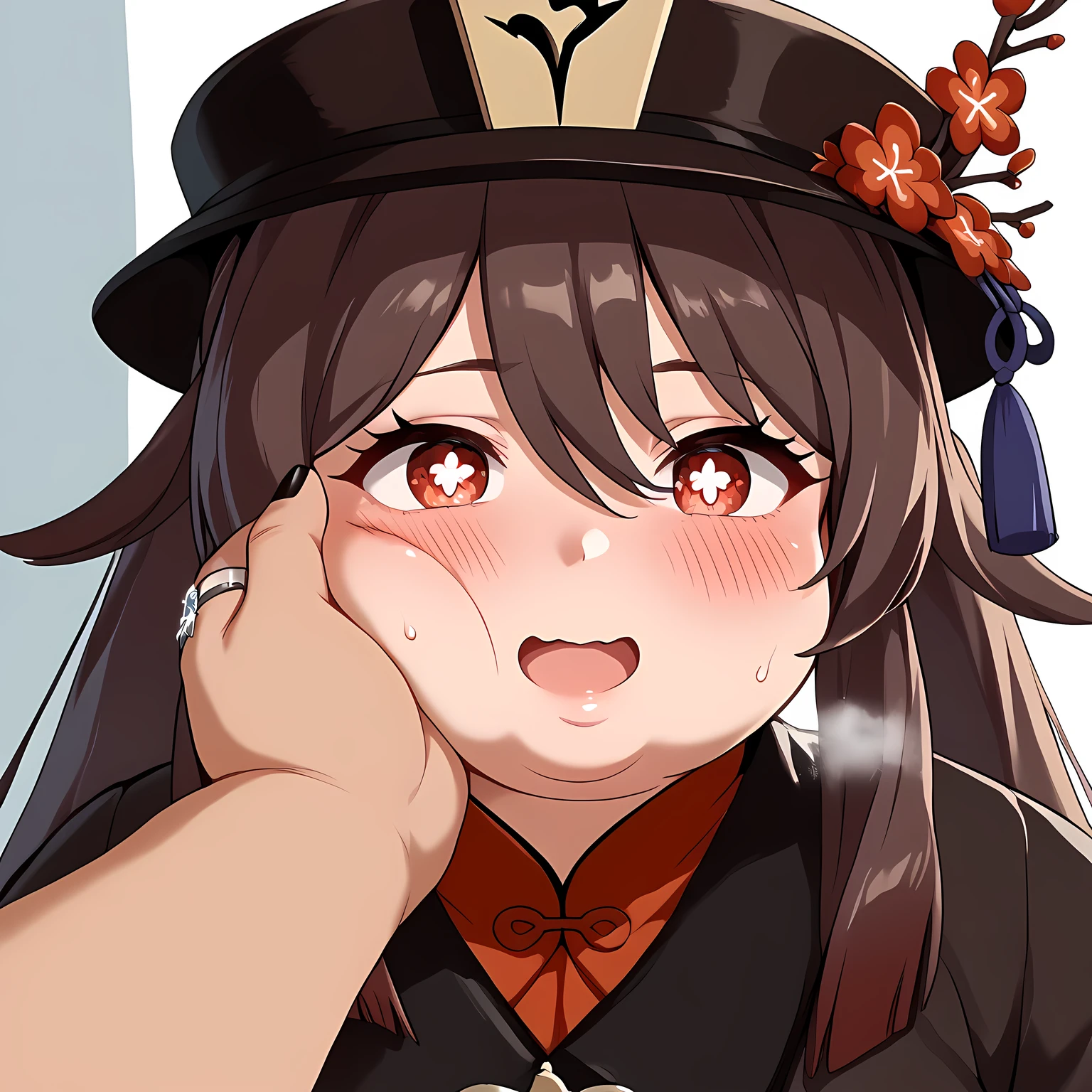 hutao, long hair, bangs, brown hair, red eyes, hair between eyes, twintails, sidelocks, symbol-shaped pupils,  ring, black nails, hat ornament, hat flower, nail polish, small breast , dynamic angle, takeda hiromitsu style,
, High Resolution, Masterpiece, High Quality,  ,Booty pose,impish smile,blush,swollen face, fat, chubby, obese, open mouth, out of breath, absurdres, highres icon, rating:General, confused, blush, {flustered}, nervous sweating, portrait, pov hands, hand on another's cheek, averting eyes, [looking away], straight-on, from above,  upper body, masterpiece, best quality, ultra-detailed, high resolution, 8K, 