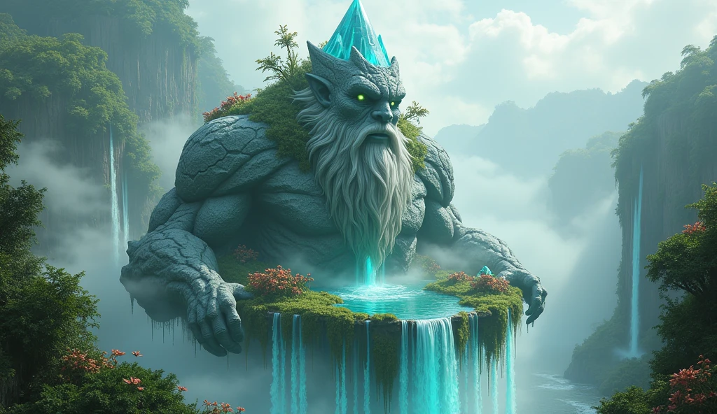 (masterpiece, best_quality, ultra-detailed, immaculate:1.3), epic, illustration, Magical floating islands with translucent giant PEPE mega-physique guardian watching over earth, solo, outdoors, sky, cloud, water, armor, glowing, , cloudy sky, staff, glowing eyes, rock, mountain, <lora:ral-mytfrst-sdxl:0.8> ral-mytfrst , fantasy, glowing, glowing eyes, fantasy landscape, floating islands, falling waterfalls, <lora:guardian:0.9> enormous guardian spirit <lora:ponydiffusionv6_pepethefrog:1>
