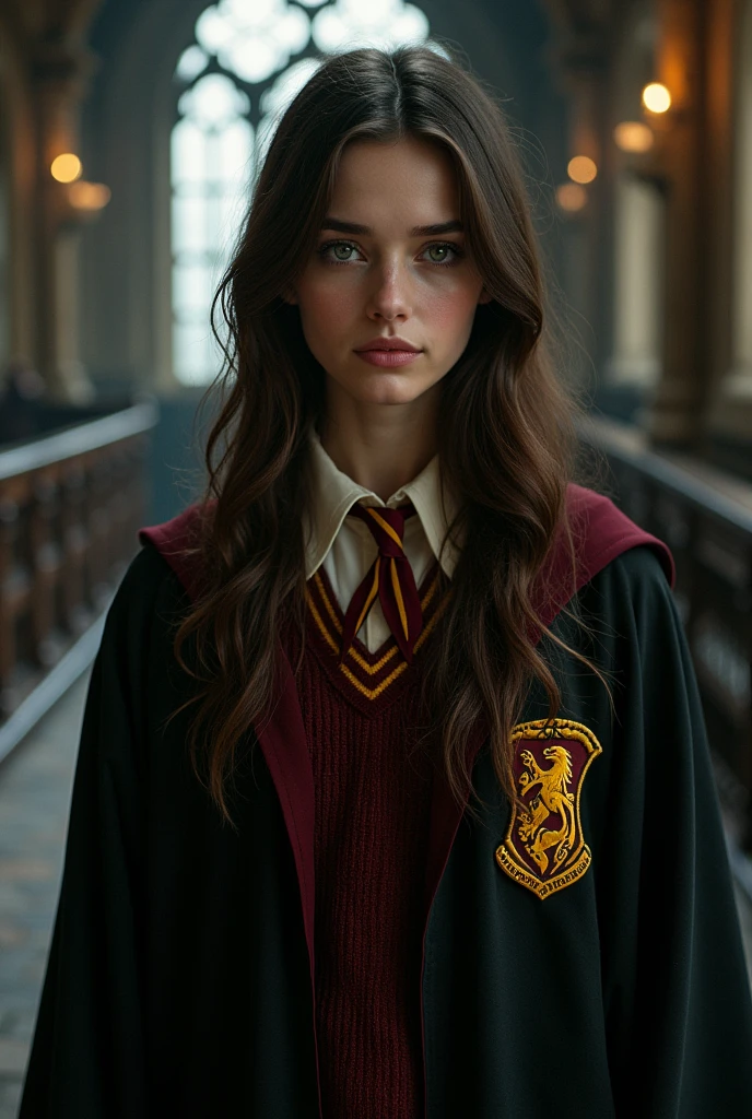 An 18 year old girl in Hogwarts uniform with honey brown hair and dark eyes with fair pink skin