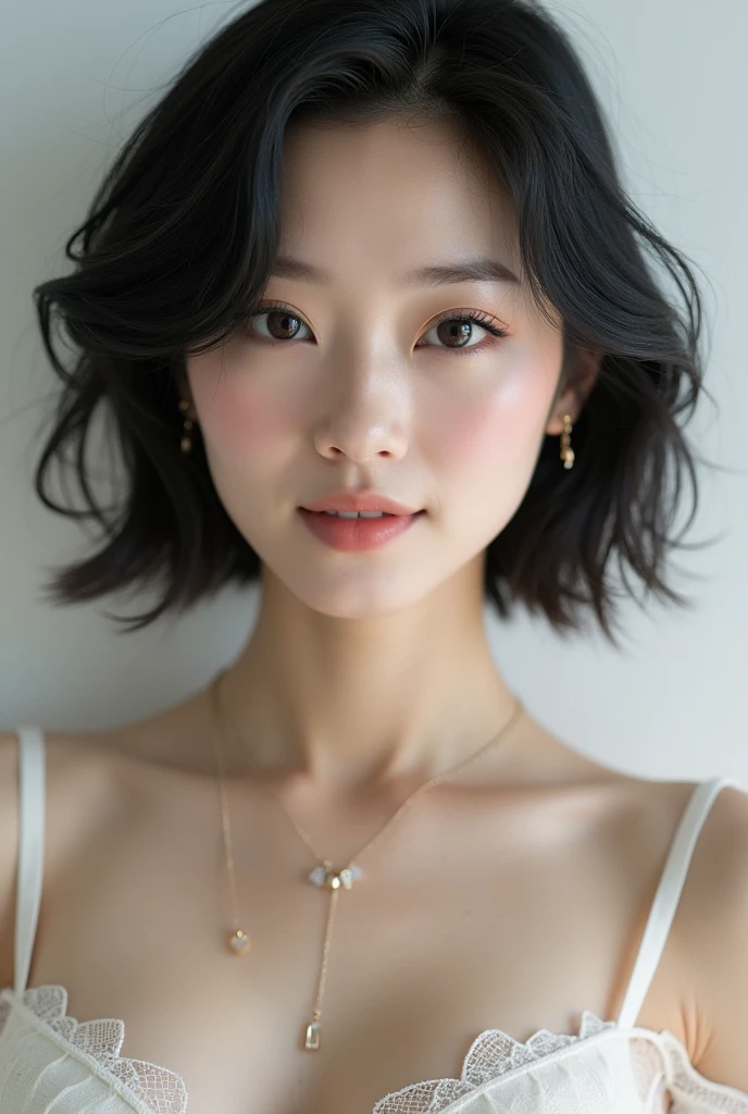top-quality:1.3、​masterpiece、hight resolution、［1 girl in］、｛独奏｝、fully body photo、((Photorealsitic):1.1)、Real person、portlate、mascara, ,(Textured skin, Skin pores:1.1), (Imperfect skin:1.1) intricate detailes, (Unripe, 8K:1.2), Detailed skin、japanes、thin bunches of bangs、Bery short hair、white t-shirts、denim pant、catchlight、piercings、a necklace、white walls