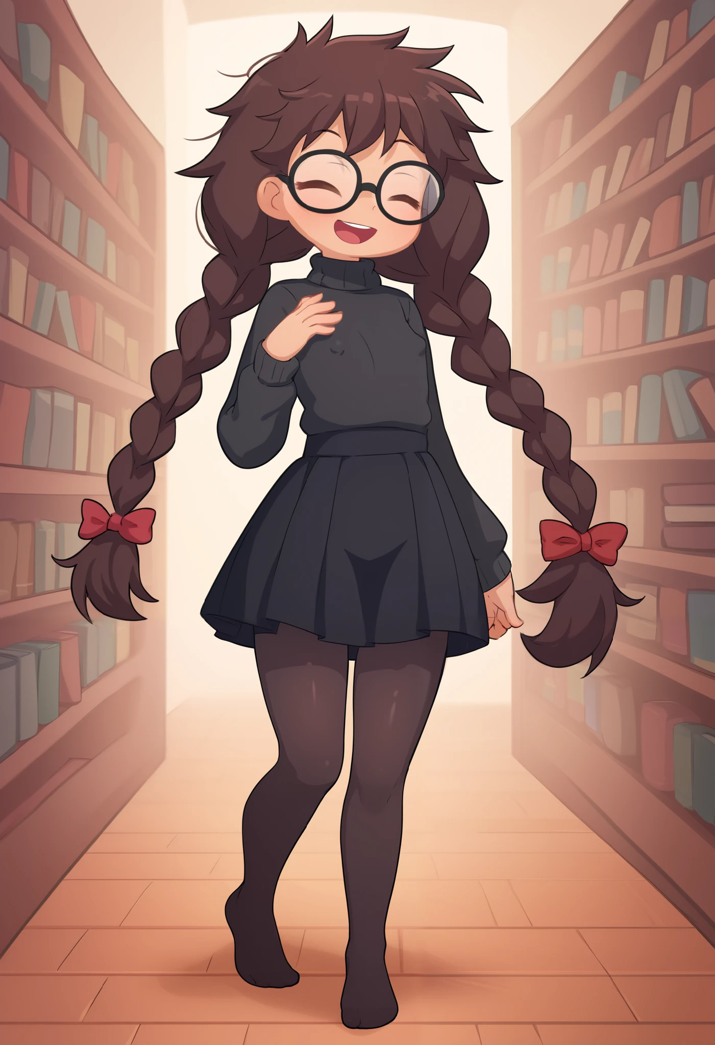 Small girl, young, full body, (solo 0.6), dark brown hair, braids, twintails, messy braids, puffy hair, messy hair, very long hair, skinny body, skinny legs, skinny thighs, slender body, thin waist, flat chest, indoors, (solid black sweater 0.9), black sweater, solid black skirt,  black clothing, medium length skirt, knee length skirt, black pantyhose, glasses, eyes closed, laughing, pov, walking away, carrying books, in a library, big eyes, hard erect nipples, cute,