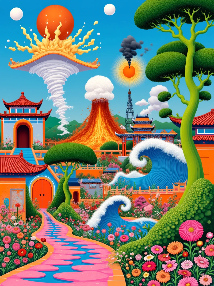 A vivid depiction of various natural disasters occurring simultaneously. A tornado rampaging through a flat, open plains area; a volcanic eruption exploding in the distance, spewing lava and ashes in the sky; an earthquake causing a metropolitan city to shake with buildings crumbling; a massive tsunami wave rapidly approaching a coastal city, and a forest fire burning wildly in a dense woodland area. Include, also, a bright sun peeking through the despair, symbolizing hope in the midst of chaos